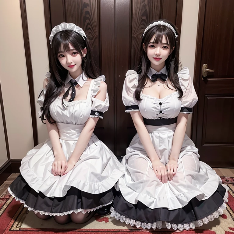 VIP room，Maid kneels down，The two girls smiled happily, Maid costume，Less clothes，暴露Maid costume，Pull up the skirt with both hands，Loafers，Lots of maids，Huge breasts，Thin waist，loyal maid，Obey everything,Very obedient，付出型性格和Likeable的个性，Obedient personality、Likeable，Absolute obedience，Absolute obedience，Willing to give everything，Waiting for command