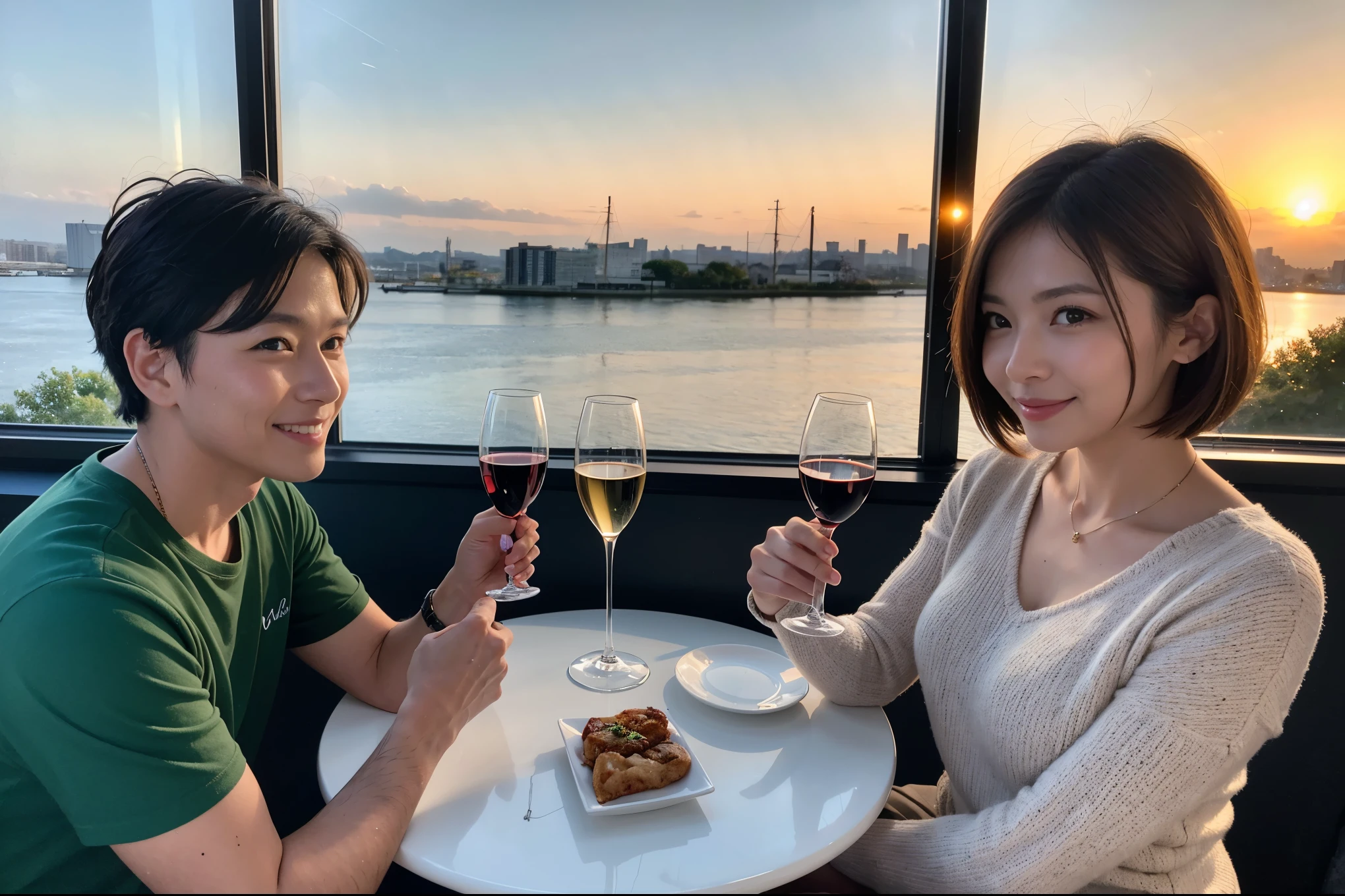((highest quality、8k、masterpiece:1.3))、 (Genuineistic, Genuine、Bright image、Intricate details:1.2), 最高のsmile 男性1人 女性1人、Beautiful couple、spouse、Engaged Couple、family、actress、model、smile、full-course dinner、 (Slim face), (the body is slim), (Brown Hair), (short hair), テーブルの上のwine glass、Please shine a light on my face、 Amazing view of the sunset sky and clouds、 (7), 41 years old, red wine 、Appetizers、Wine bottle、sparkling wine、Long sleeve shirt、dress、White wine, red wine, wine glass,