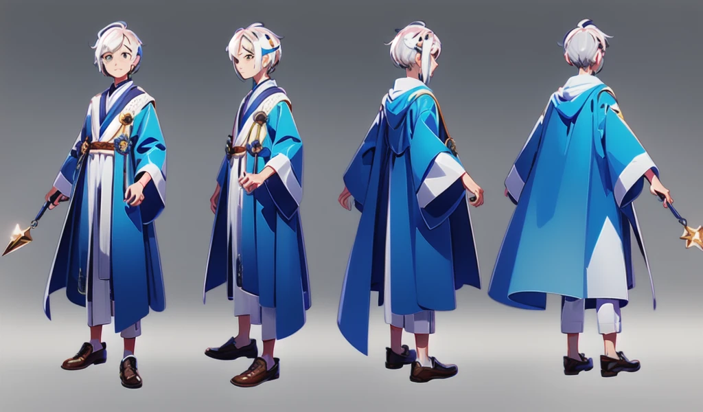 multi-angle, Front view, side view, Rear view, concept art, Magic character design, 1 Boy, white hair,Bright and clear eyes are, short hair, Magic novels, whole body, Freckles on face magic wand, Blue, white and brown wizard robe, multiple views, 星shoe, 魔法shoe, shoe, Solid color background, slope,