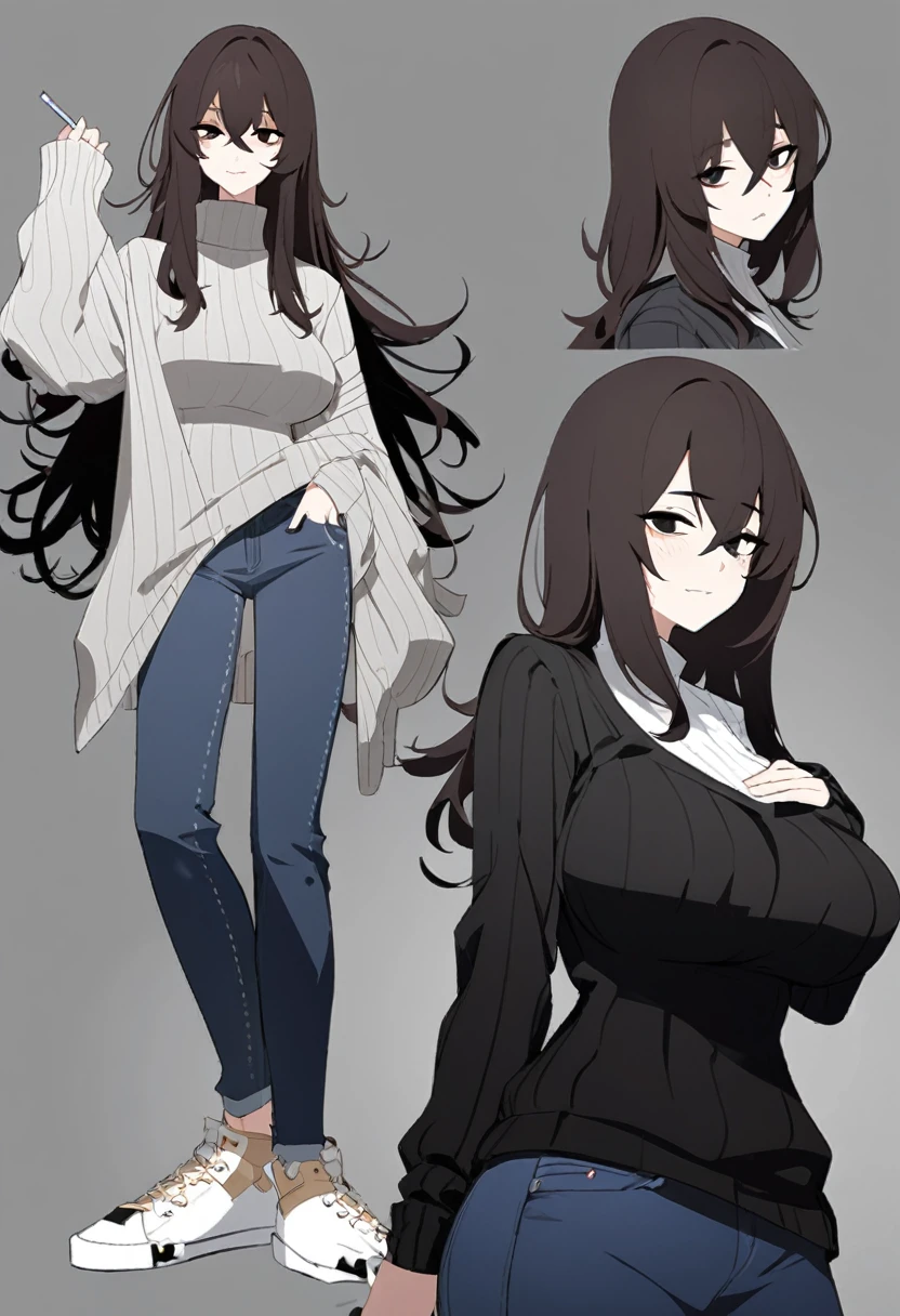 One Woman,Downer,older sister,Concept Art,Dark brown hair,Straight hair with slight inward curls,Staring eyes,Eye Ridge,black eye,Crossed bangs,whole body,smile,Larger breasts,Gray background,Bangs that reach down to the eyes,Messy hair,jeans,白いタートルネックsweater,Multiple views of the same character,Character Design,Dark circles under the eyes,Bad look,Listless,Sloppy,accessories,Arknights Wind,sweater,Cafe staff,Holding a cigarette,whole bodyCharacter Design,