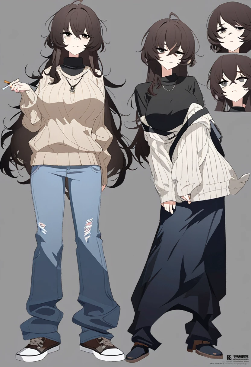 One Woman,Downer,older sister,Concept Art,Dark brown hair,Straight hair with slight inward curls,Staring eyes,Eye Ridge,black eye,Crossed bangs,whole body,smile,Larger breasts,Gray background,Bangs that reach down to the eyes,Messy hair,jeans,白いタートルネックsweater,Multiple views of the same character,Character Design,Dark circles under the eyes,Bad look,Listless,Sloppy,accessories,Arknights Wind,sweater,Cafe staff,Holding a cigarette,whole bodyCharacter Design,