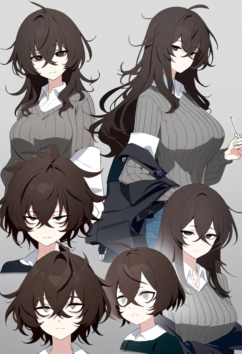One Woman,Downer,older sister,Concept Art,Dark brown hair,Straight hair with slight inward curls,Staring eyes,Eye Ridge,black eye,Crossed bangs,whole body,smile,Larger breasts,Gray background,Bangs that reach down to the eyes,Messy hair,jeans,白いタートルネックsweater,Multiple views of the same character,Character Design,Dark circles under the eyes,Bad look,Listless,Sloppy,accessories,Arknights Wind,sweater,Cafe staff,Holding a cigarette,whole bodyCharacter Design,