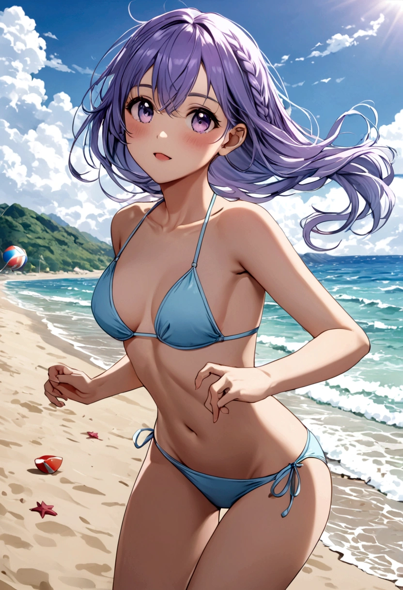 (masterpiece), best quality, expressive eyes, perfect face, small breast, 8K, looking at viewer A  with two light purple braid, wearing a light blue bikini, happily runs on the beach, playing with a beach ball.