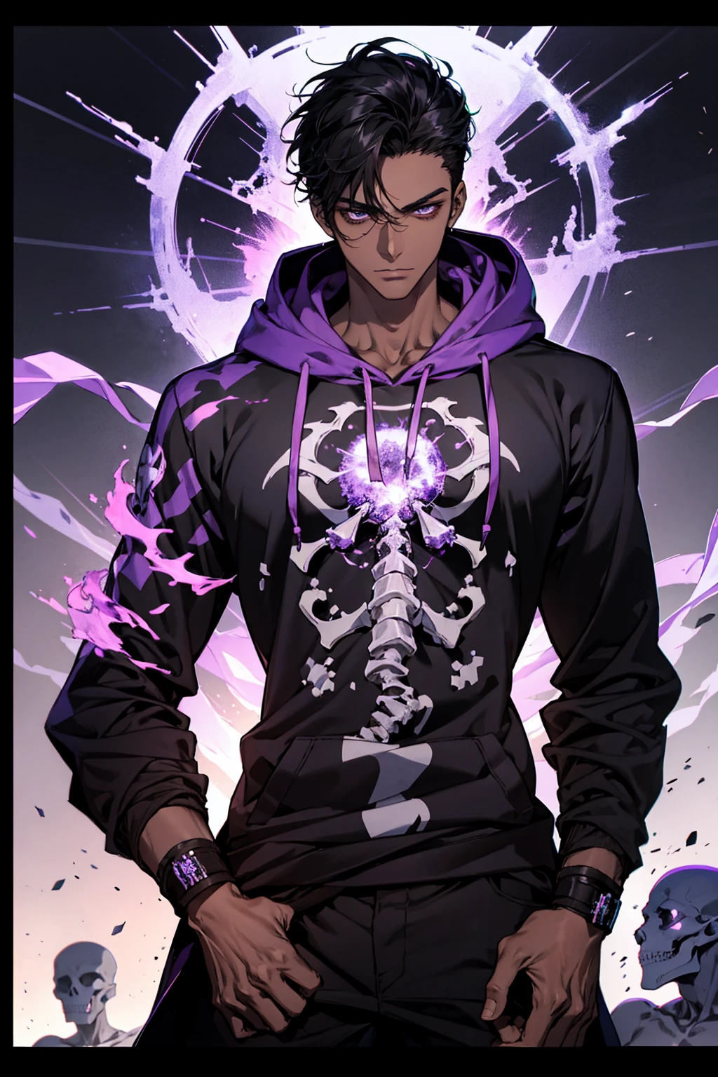 male with bones, looking away from camera, skulls, bones, handsome, black, dark skin, tall, broad shoulders, black hair, purple, purple fire, magic, detailed face, fantasy, hoodie