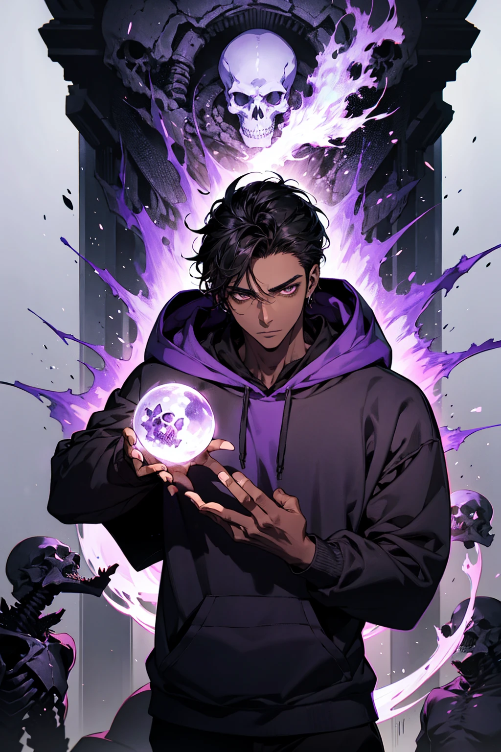 male with bones, looking away from camera, skulls, bones, handsome, black, dark skin, tall, broad shoulders, black hair, purple, purple fire, magic, detailed face, fantasy, hoodie