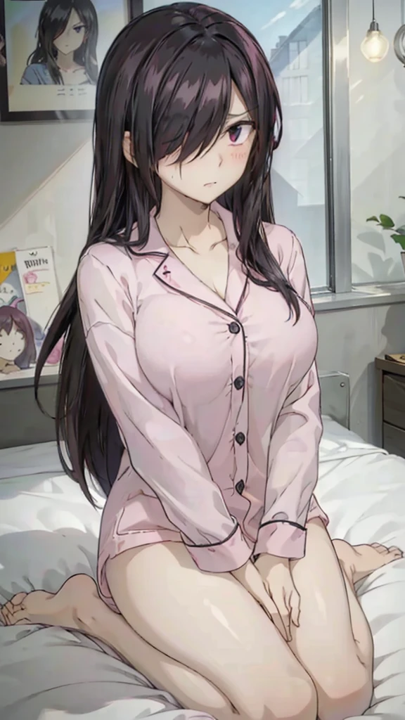 1girl, black hair, pink eyes, long hair, (hair over one eye:1.4), messy hair, hair between eyes,sexy body,busty breast, open chest,pink pajama, innocent shy blush on , bed