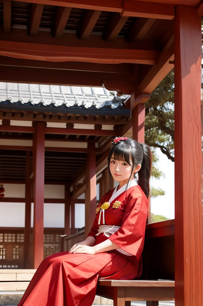 Beautiful woman playing the piano,Dazaifu Tenmangu,Wearing a shrine maiden outfit,Wide angle