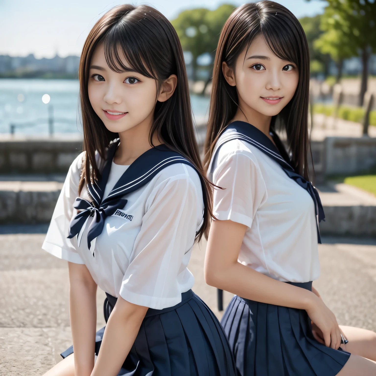 One Girl, (White shirt, Sailor , Navy blue pleated mini skirt:1.2), (Idol-like cute face:1.2), (RAW Photos, highest quality), (Realistic, Photorealistic:1.4), Tabletop, Very delicate and beautiful, Very detailed, 8k wallpaper, wonderful, In detail, Very detailedなCG Unity, High resolution, Soft Light, Beautifully detailed  girl, Very detailedな目と顔, Beautifully detailed nose, Beautiful fine details,　Droopy eyes, Cinema Lighting, (The background is a beautiful summer sea and blue sky),Perfect Anatomy,Slender body,smile  (Black Hair, Medium Straight Hair, Bob Hair),smile,  Beautiful slim figure, sexy,whole body, Sit on the embankment,