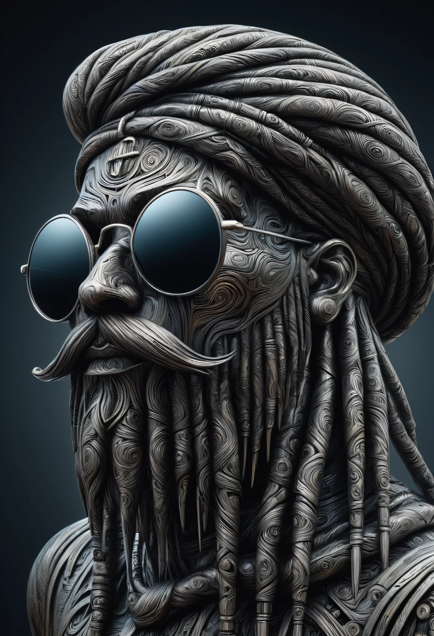 Retro-Futuristic Sculpture Made from Thousands of Blocks of Acid-Etched Damascus Steel, 3D floating head of a Rastafarian, View from the side, return, look up, Full head of dirty braids, (pilot, Mirror Sunglasses:1.2), A dreadlocked beard, Damascus pattern, cold steel, Backlight, High reflectivity, dark gradient background, Volumetric Fog