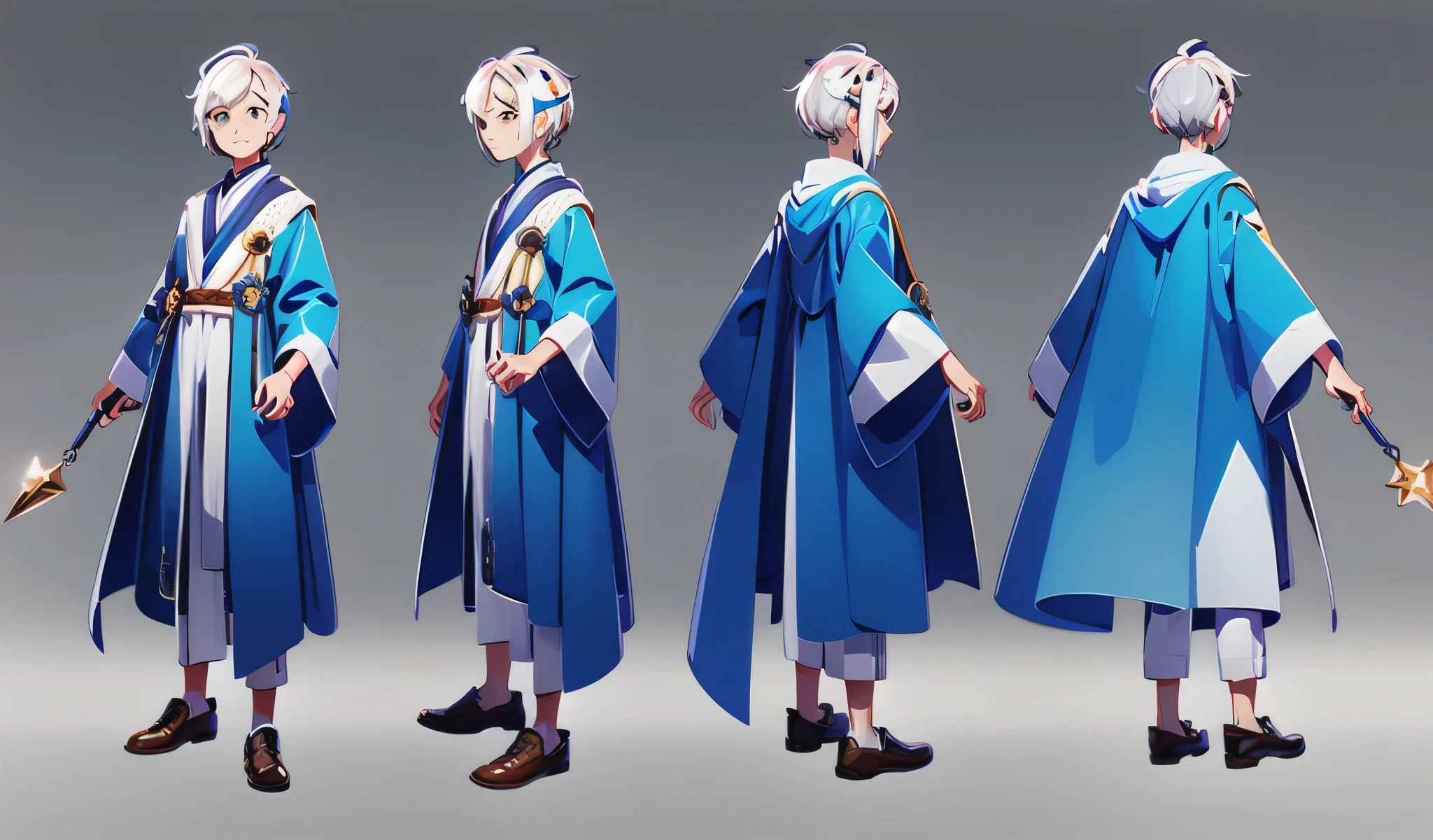 multi-angle, Front view, side view, Rear view, concept art, Magic character design, 1 Boy, white hair,Bright and clear eyes are, short hair, Magic novels, whole body, Freckles on face magic wand, Blue, white and brown wizard robe, multiple views, 星shoe, Magic Shoes, shoe, Solid color background, slope,