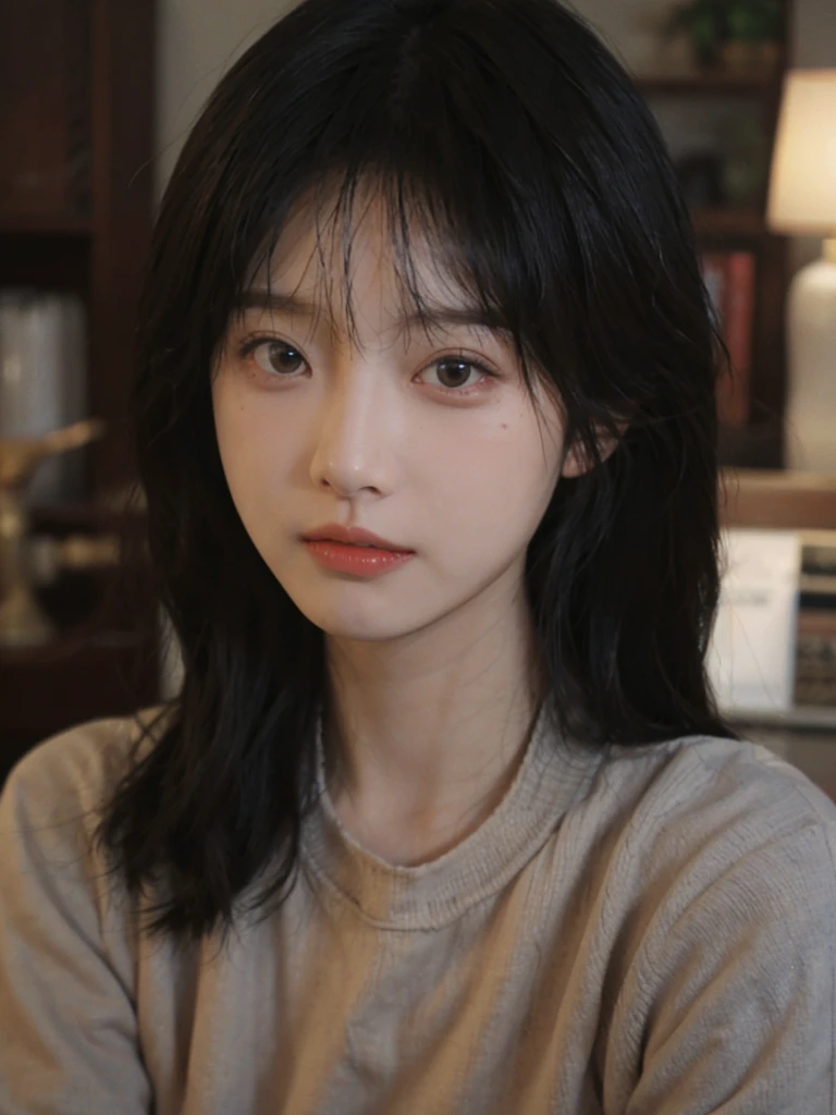 Best quality， Ultra-high resolution， （realistically：1.4）， A woman with long black hair and a gray sweater, The middle view is, JK ，under a ray of sunshine，She has black hair，through bangs, young lovely Korean faces, Cute Korean face, Urzans, Shin Jinying, beautiful aesthetic face, Korean facial features, Played by Liu Li Zhien ，beautiful realistic face