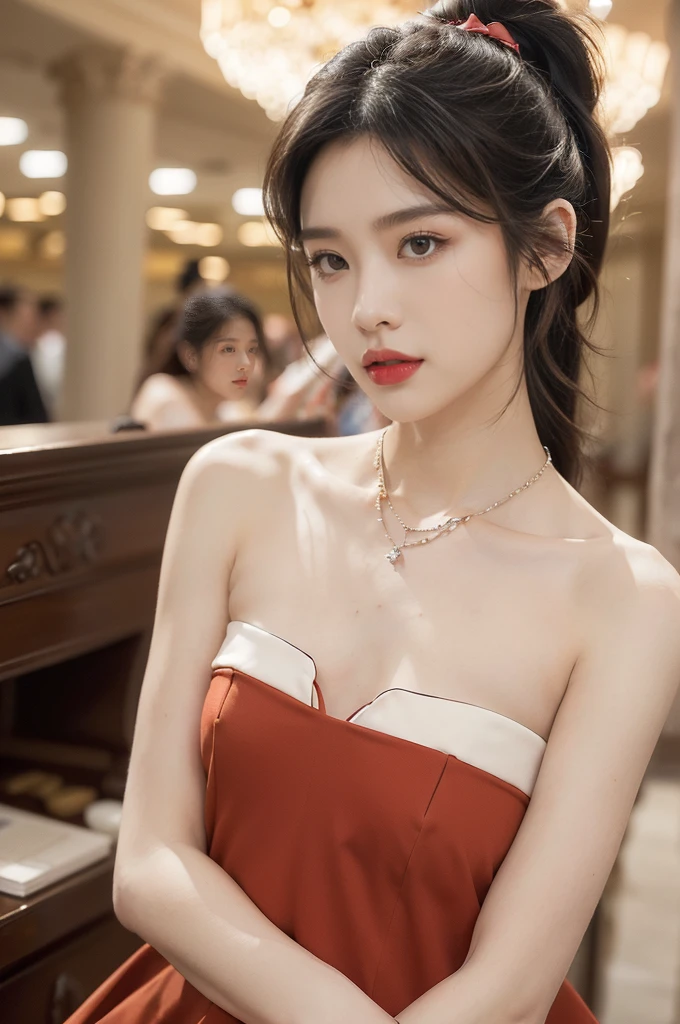 ((((8k))),((Extremely meticulous CG)) ,(wallpaper),16k,((Extremely refined and beautiful)),(((Masterpiece))),(((best qualtiy))),(((Ultra High Resolution))),beautiful light up,Perfect lightning,realistic shaded,(Smooth and flawless skin:1.5),(Extremely exquisite facial details:1.2),(perfect body:1.2),(ultra-detailed),((A beautiful girl,solo)),(small head:1.2),(pale skin:1.3),(short ponytail:1.3),(small face:1.2),(baby :1.3),(glasses:1.2),(Exquisite makeup:1.2),(red lips:1.2),(parted lips:1.2),(small breasts:1.3),(flat chest:1.2),(cleavage:1.3),((slim,thin)),(disgusted expression:1.5),(crystal necklace:1.2),(strapless
white tank top:1.5),(indoor:1.3),(summer:1.3),(detailed background:1.5),(standing:1.3),(close-up of face:1.3),(from front:1.3),(day scene:1.5),(In a luxurious Hall:1.5),(bright and vivid colors:1.3),(surrounded by crowded crowds:1.3),Exchange, stock, trading floor, bustling, vibrant, large open space, polished floor, high ceilings, monitors, real-time market data, phones ringing, traders talking, efficient operation, trading desks, brokers booths, senior staff offices, equipped computers, telephones, raised platform, pit, brokers, dealers, activity, hushed tones, personnel, roles, responsibilities, traders, suits, monitoring screens, market movements, brokers, negotiation, clients, dealers, execution, efficiently effectively, organized space, buying selling stocks