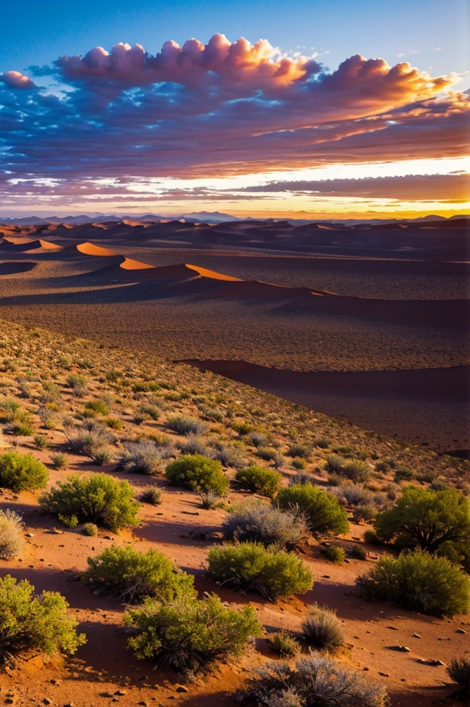 Desierto con fauna y un atardecer que tiene nubes y colofes vibrantes... el desierto es calmado