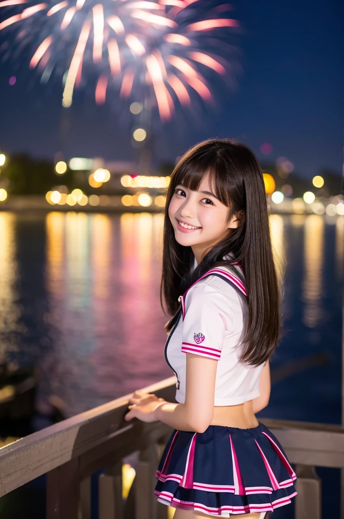 Image resolution 8K、masterpiece:1.3)、cute、1 girl、(魅力的なBody Type:1.2)、abdomen:1.1、Dark brown hairstyle:1.1、(Body Type:1.2)、Ultra-detailed face、Attractive lips、double eyelid、Ultra-realistic and detailed Japanese school girl in a white short-sleeved zippered sailor suit and pink skirt、日本人のcute女の子、10th Generation、 (16 years old)、Night view and large fireworks in the background、Breast Size: 82cm、Smiling with a nice smile、color々Hair style、Hair blowing in the wind、