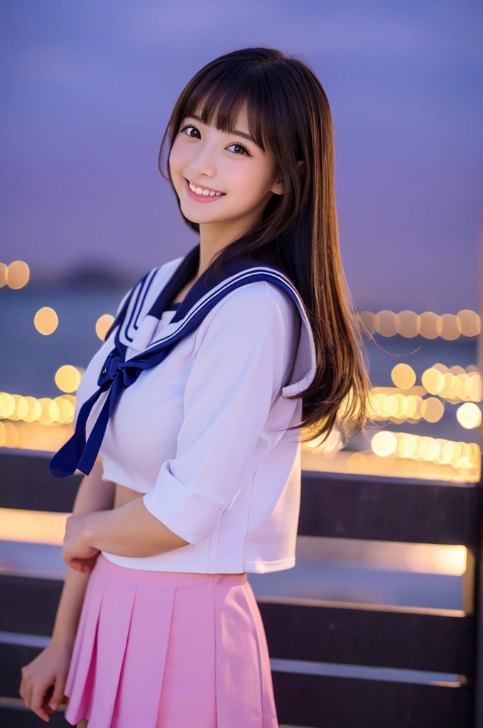 Image resolution 8K、masterpiece:1.3)、cute、1 girl、(魅力的なBody Type:1.2)、abdomen:1.1、Dark brown hairstyle:1.1、(Body Type:1.2)、Ultra-detailed face、Attractive lips、double eyelid、Ultra-realistic and detailed Japanese school girl in a white short-sleeved zippered sailor suit and pink skirt、日本人のcute女の子、10th Generation、 ()、Night view and large fireworks in the background、Breast Size: 82cm、Smiling with a nice smile、color々Hair style、Hair blowing in the wind、