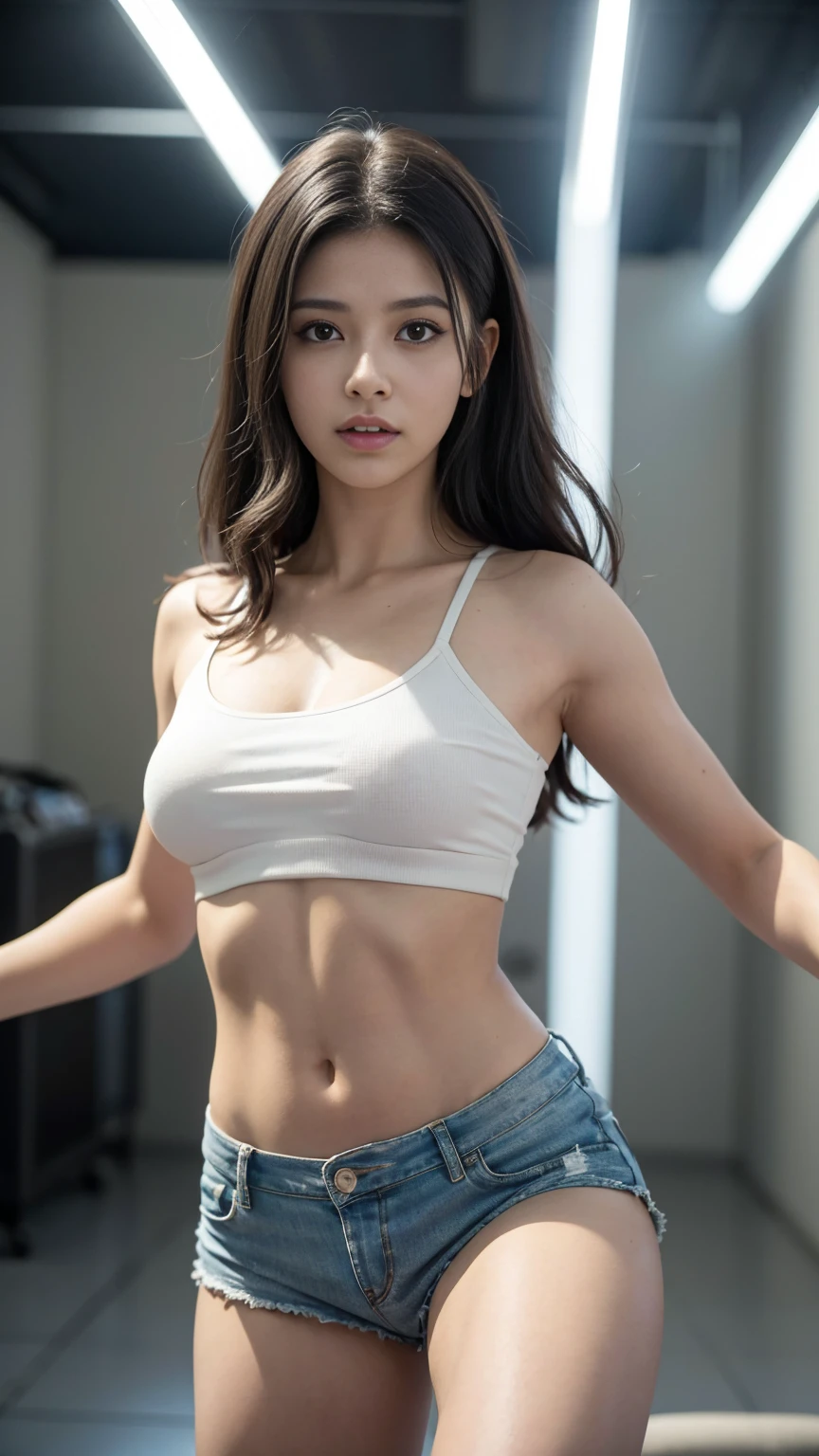 Um mulher linda com cabelo ondulado olhos atraentes , tudo detalhados , Pernas grossas e sensuais , Wearing tiny T-shirt shorts in the beautiful futuristic cyberpunk city , mistborn, molhado, chovendo, obra-prima de melhor qualidade, foto realista, detalhado, 8k, HDR, profundidade de campo rasa, luz ampla, alta contraste, luz de fundo, brilhos de luz, chromatic aberration, sharp focus, foto colorida RAW , tudo muito detalhado,(((Pose jumping from a height)))), Bright, realistic facial expressions, Wearing tight white jeans
