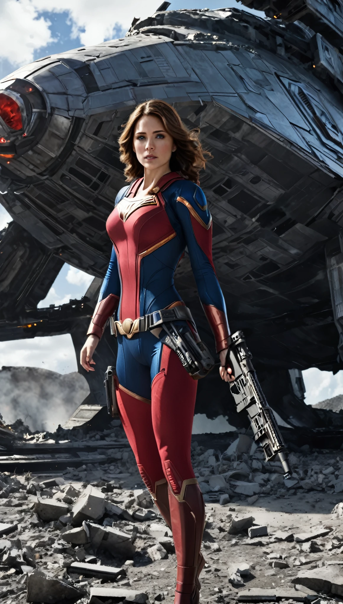 Superwoman High quality gun-equipped female protagonist、Boldly placed in front of a devastatingly destroyed spaceship、It&#39;s reminiscent of the official character art。On a desolate background、Dust from a once thriving galaxy々The remains of the、It reminds me of the setting of a fallen empire.。The surrounding atmosphere　A woman stands out in the foreground.、Her images are ultra-detailed, high-resolution masterpieces.。Slim figure