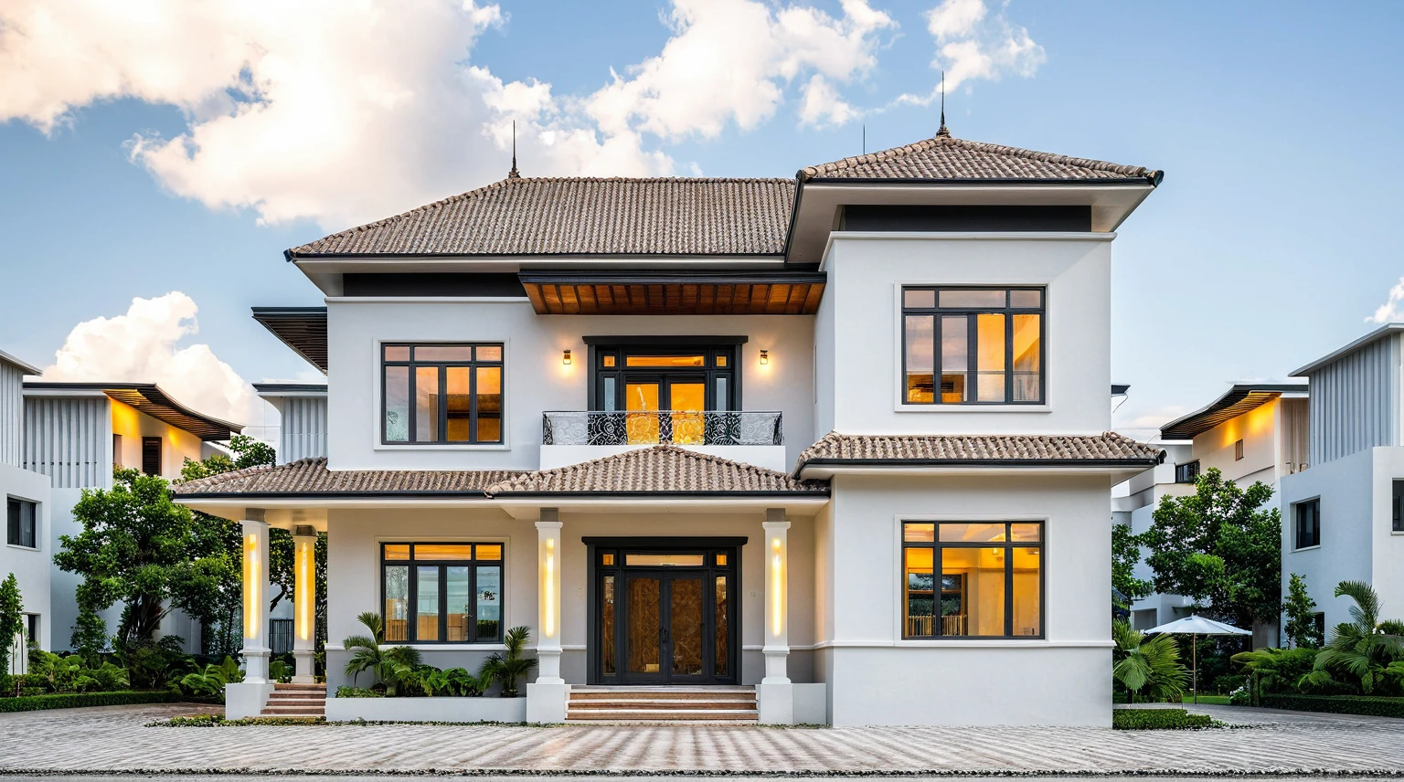 Masterpiece, high quality, best quality, authentic, super detail, outdoors, onestoreyvillaXL, aiaigroup, house style modern on the street, ((luxury villa)), stairs, white wall ,road,pavement, grass, trees, sky, cloud, (daylight:1.1),