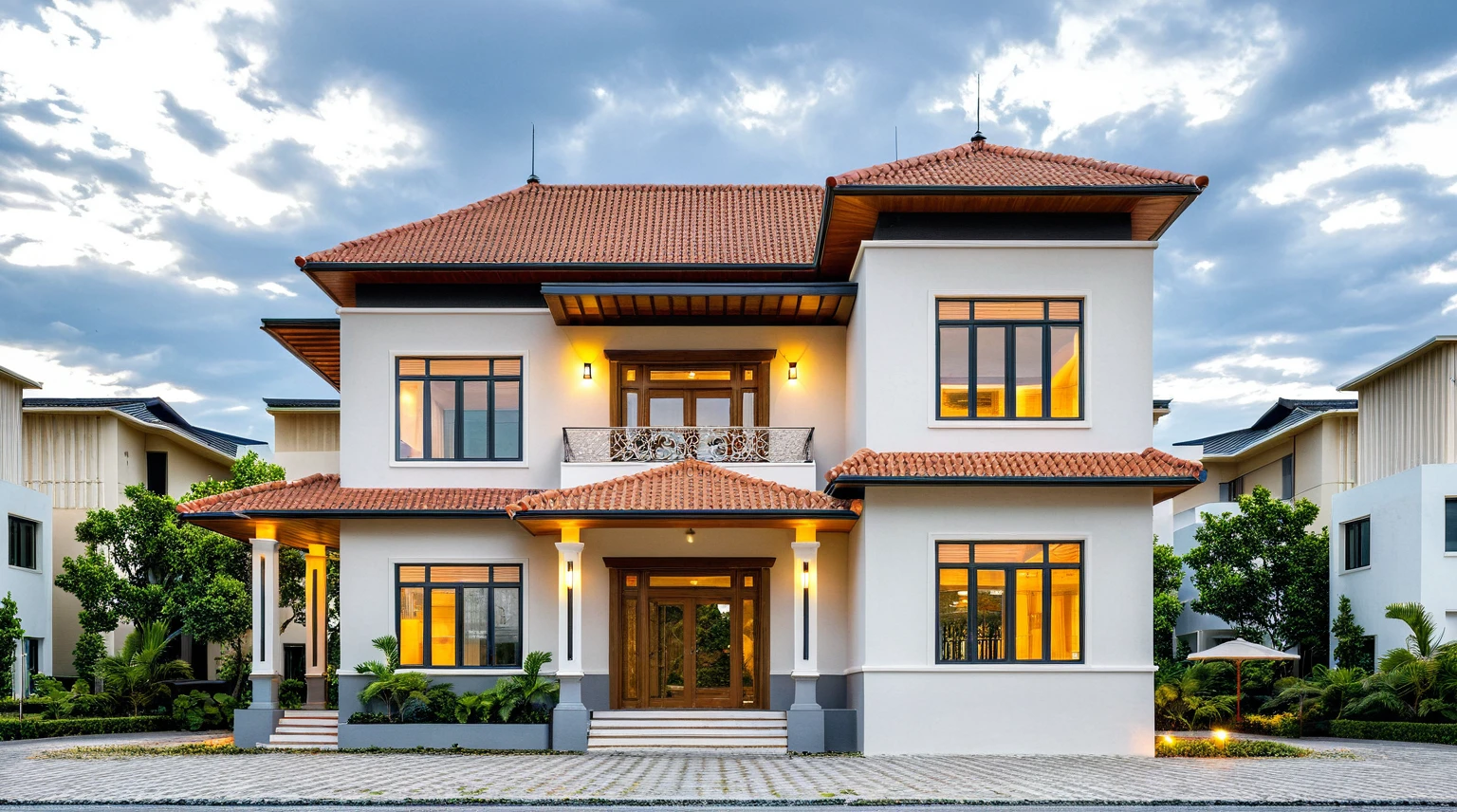 Masterpiece, high quality, best quality, authentic, super detail, outdoors, onestoreyvillaXL, aiaigroup, house style modern on the street, ((luxury villa)), stairs, white wall ,road,pavement, grass, trees, sky, cloud, (daylight:1.1),