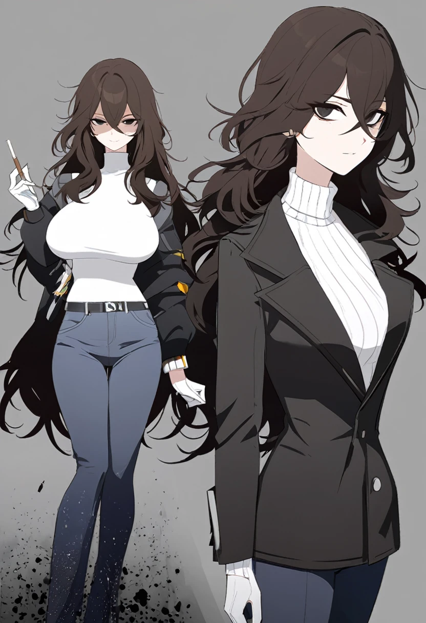 One Woman,Downer,older sister,Concept Art,Dark brown hair,Straight hair with slight inward curls,Staring eyes,Eye Ridge,black eye,Crossed bangs,whole body,smile,Larger breasts,Gray background,Bangs that reach down to the eyes,Messy hair,Perfect dark jeans,White turtleneck sweater,Multiple views of the same character,Character Design,Dark circles under the eyes,Bad look,Listless,Sloppy,accessories,Arknights Wind,Cafe staff,Holding a cigarette,whole bodyCharacter Design,