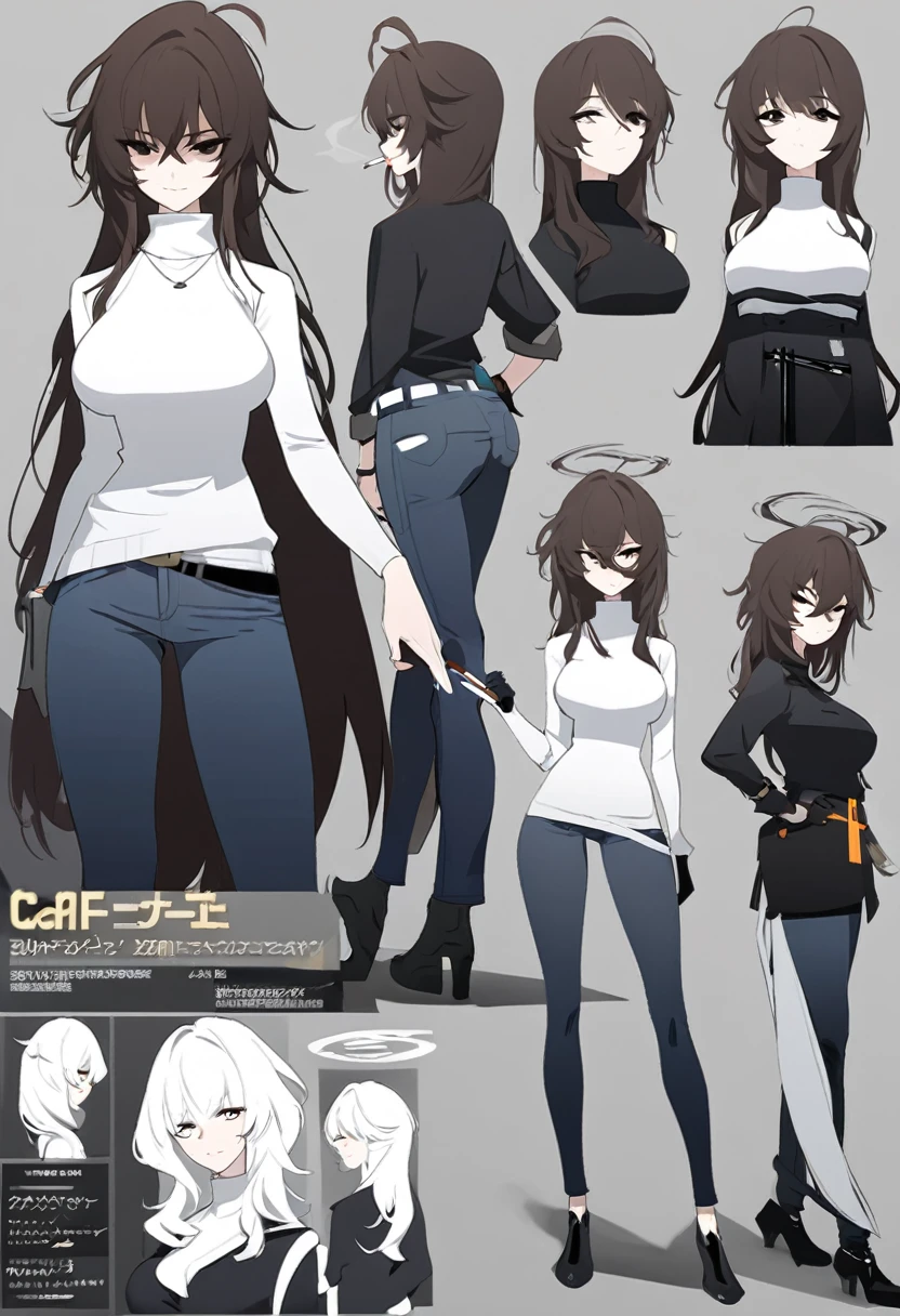 One Woman,Downer,older sister,Concept Art,Dark brown hair,Straight hair with slight inward curls,Staring eyes,Eye Ridge,black eye,Crossed bangs,whole body,smile,Larger breasts,Gray background,Bangs that reach down to the eyes,Messy hair,Perfect dark jeans,White turtleneck sweater,Multiple views of the same character,Character Design,Dark circles under the eyes,Bad look,Listless,Sloppy,accessories,Arknights Wind,Cafe staff,Holding a cigarette,whole bodyCharacter Design,