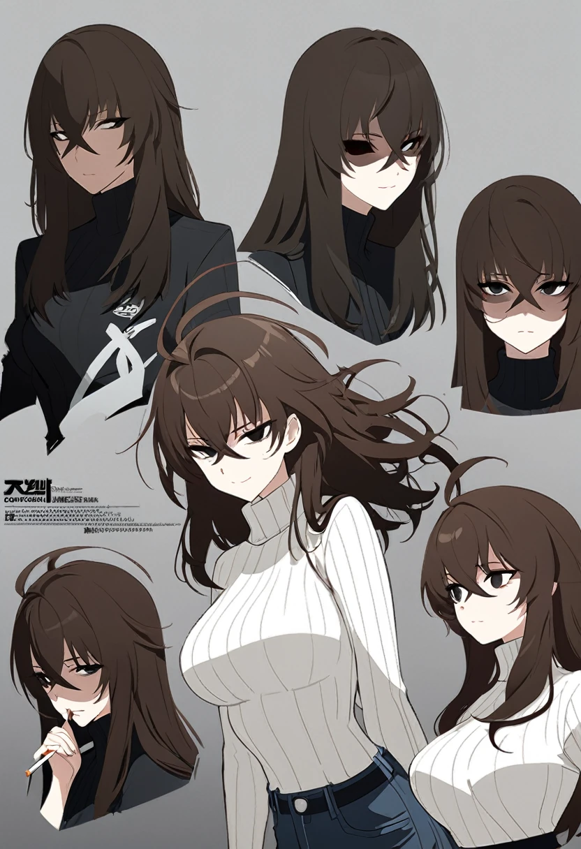 One Woman,Downer,older sister,Concept Art,Dark brown hair,Straight hair with slight inward curls,Staring eyes,Eye Ridge,black eye,Crossed bangs,whole body,smile,Larger breasts,Gray background,Bangs that reach down to the eyes,Messy hair,Perfect dark jeans,White turtleneck sweater,Multiple views of the same character,Character Design,Dark circles under the eyes,Bad look,Listless,Sloppy,accessories,Arknights Wind,Cafe staff,Holding a cigarette,whole bodyCharacter Design,