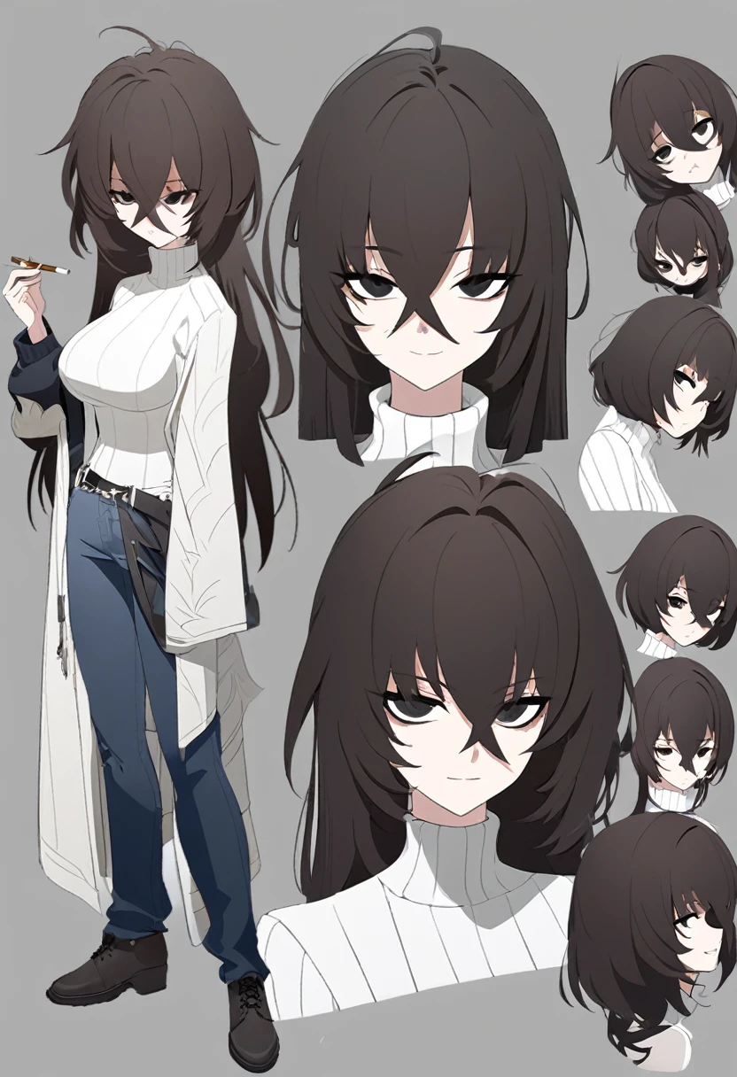 One Woman,Downer,older sister,Concept Art,Dark brown hair,Straight hair with slight inward curls,Staring eyes,Eye Ridge,black eye,Crossed bangs,whole body,smile,Larger breasts,Gray background,Bangs that reach down to the eyes,Messy hair,Perfect dark jeans,White turtleneck sweater,Multiple views of the same character,Character Design,Dark circles under the eyes,Bad look,Listless,Sloppy,accessories,Arknights Wind,Cafe staff,Holding a cigarette,whole bodyCharacter Design,