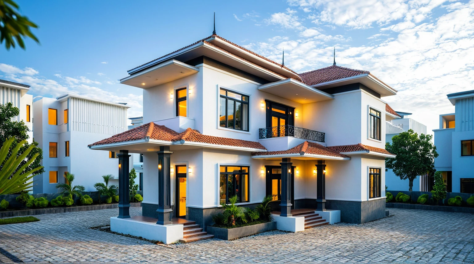Masterpiece, high quality, best quality, authentic, super detail, outdoors, onestoreyvillaXL, aiaigroup, house style modern on the street, ((luxury villa)), stairs, white wall ,road,pavement, grass, trees, sky, cloud, (daylight:1.1),