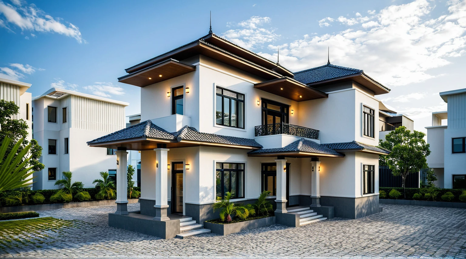 Masterpiece, high quality, best quality, authentic, super detail, outdoors, onestoreyvillaXL, aiaigroup, house style modern on the street, ((luxury villa)), stairs, white wall ,road,pavement, grass, trees, sky, cloud, (daylight:1.1),