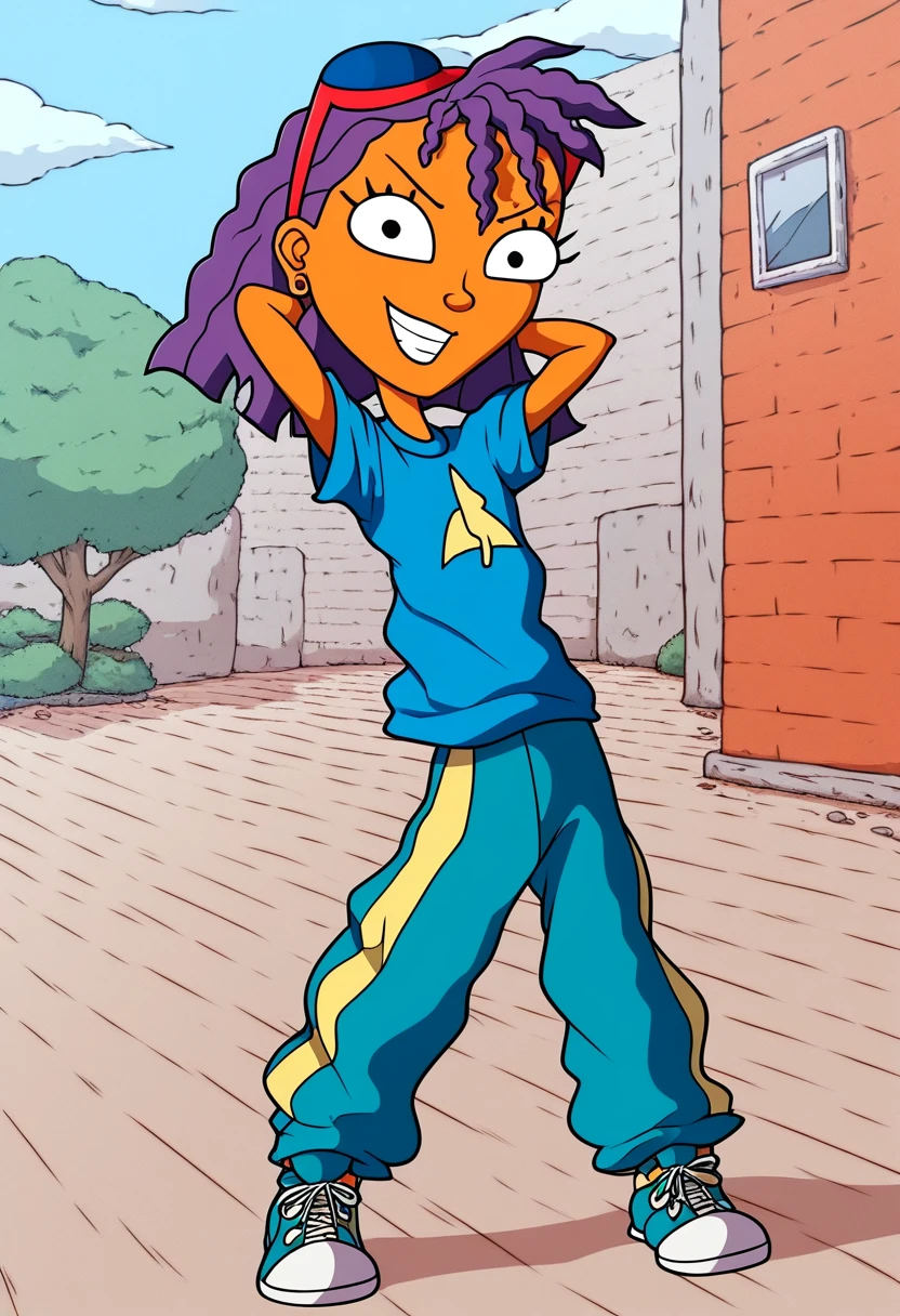 score_8_up, score_9, 1girl, Reggie, purple hair, outdoors, hands behind head, blue t-shirt, csmo pants, sneakers, posing , smiling, looking on viewer, middle finger pointed at viewer,