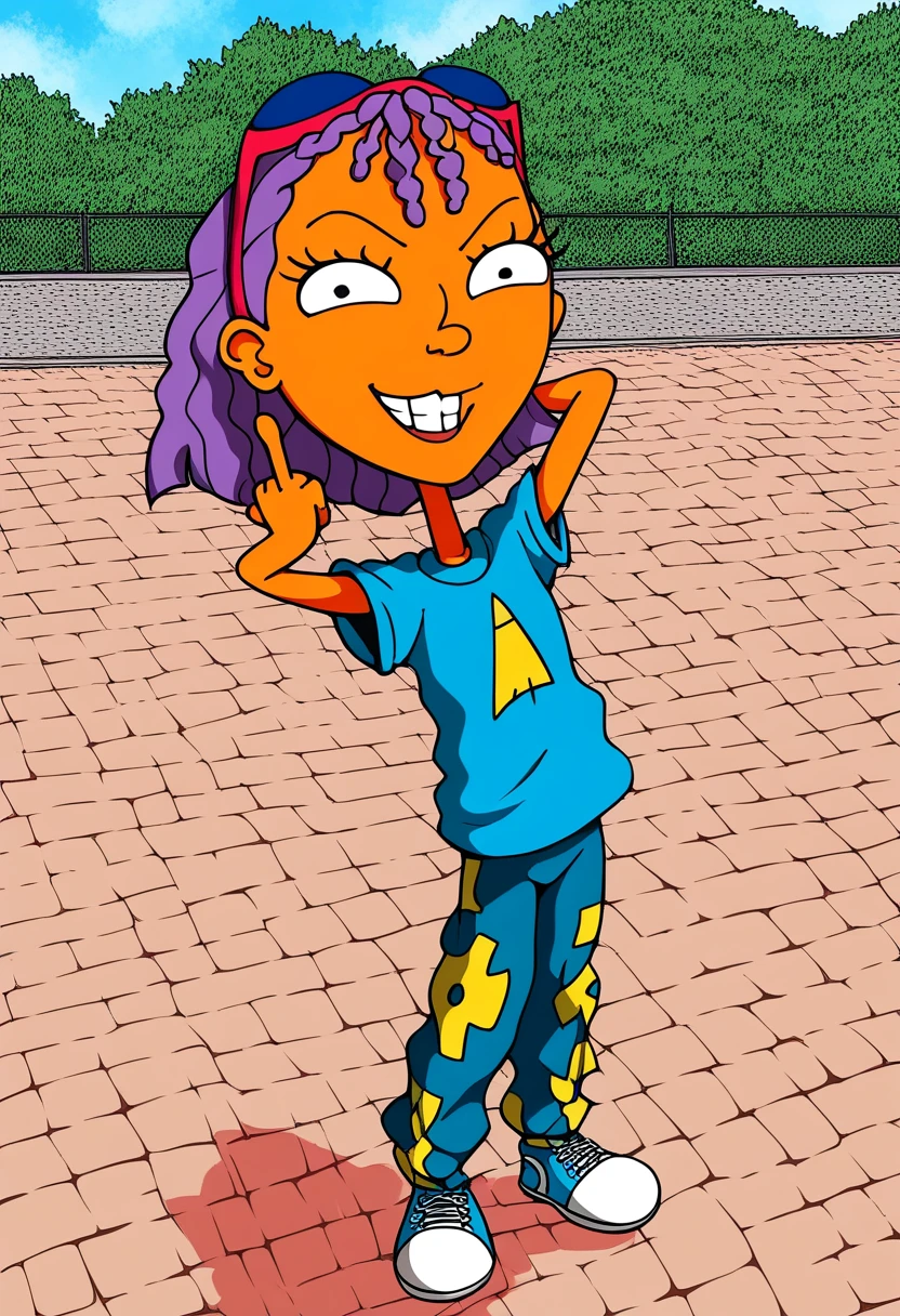 score_8_up, score_9, 1girl, Reggie, purple hair, outdoors, hands behind head, blue t-shirt, csmo pants, sneakers, posing , smiling, looking on viewer, middle finger pointed at viewer,