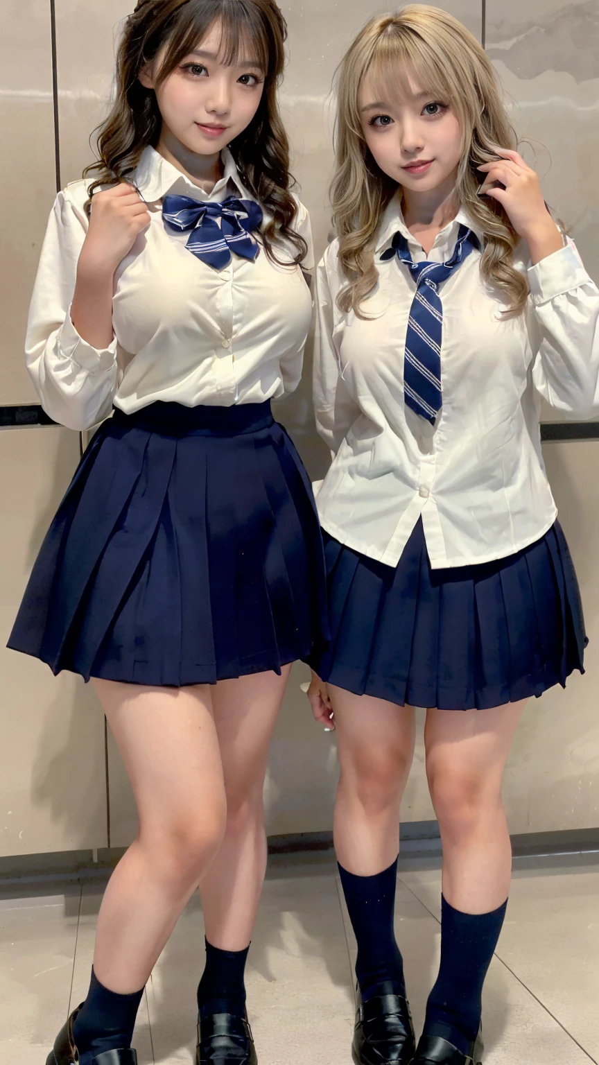 (scene; (2 people:1.8)), Gal, (女子高校生2 people), (Shopping mall, Shopping Street, street, Outdoor), (こちらを向いてAre standing, Full body portrait, Photograph the whole body, Full-body image, Are standing, With legs spread, Doing sexy poses), (Thin thighs, Long, slender limbs, Small waist), ((Highly detailed skin), Beautiful realistic face, White skin, Pointed Chest, Perfect Anatomy, Realistic eyes, Natural Eyes, Brown Eyes, Accurate eye focus, Accurate limbs), (Hyper Realist, Ultra-realistic, 4k, Attention to detail, Ultra-high resolution, highest quality, masterpiece, Presence, dynamic, Uplifting, bold, Sharpness), (Huge breasts:1.5, Cleavage:1.5), (Blonde long hair:1.5, Wavy long hair:1.5, Curly Hair:1.5), (sleek bangs), (Twin tail hair), (White collared shirt, Pleated mini skirt, Navy colored socks, Black loafers, Ribbon tie), High school girl in uniform, Surreal high school girl, tall, High school girls in uniform, smile, Cleavageを強調, Sexy panties are visible, (Are standing女子高校生が2 people:1.8),