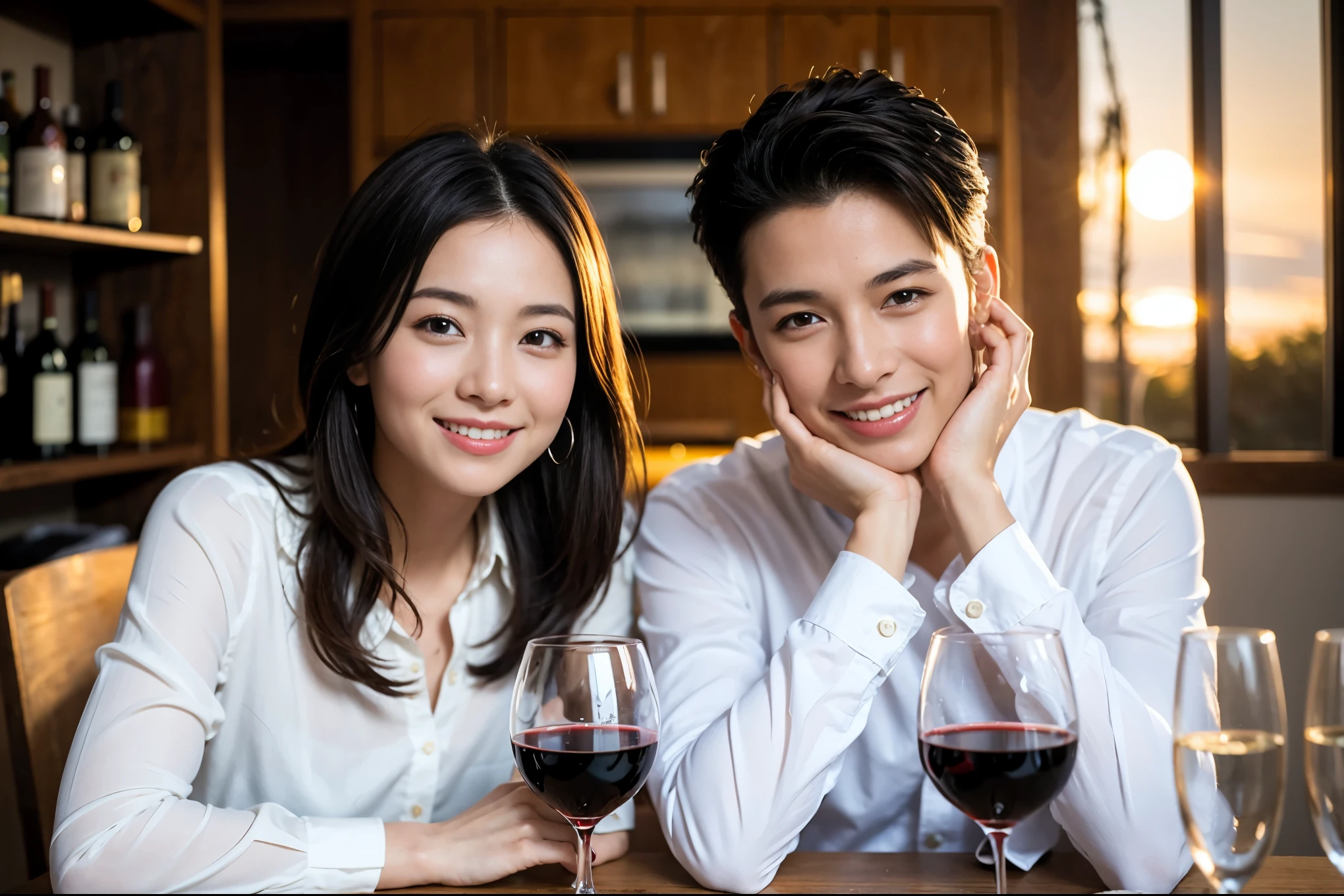 ((highest quality、8k、masterpiece:1.3))、 (Genuineistic, Genuine、Bright image、Intricate details:1.2), 最高のsmile 男性1人 女性1人、Beautiful Couple、spouse、Couple、lover、actress、モデルCouple、smile、full-course dinner、 (Slim face), (the body is slim), (Brown Hair), (short hair), テーブルの上のwine glass、Please shine a light on my face、 Amazing view of the sunset sky and clouds、 (Age 35), 39 years old, red wine 、Appetizers、Wine bottle、sparkling wine、Long sleeve shirt、dress、White wine, red wine, wine glass,