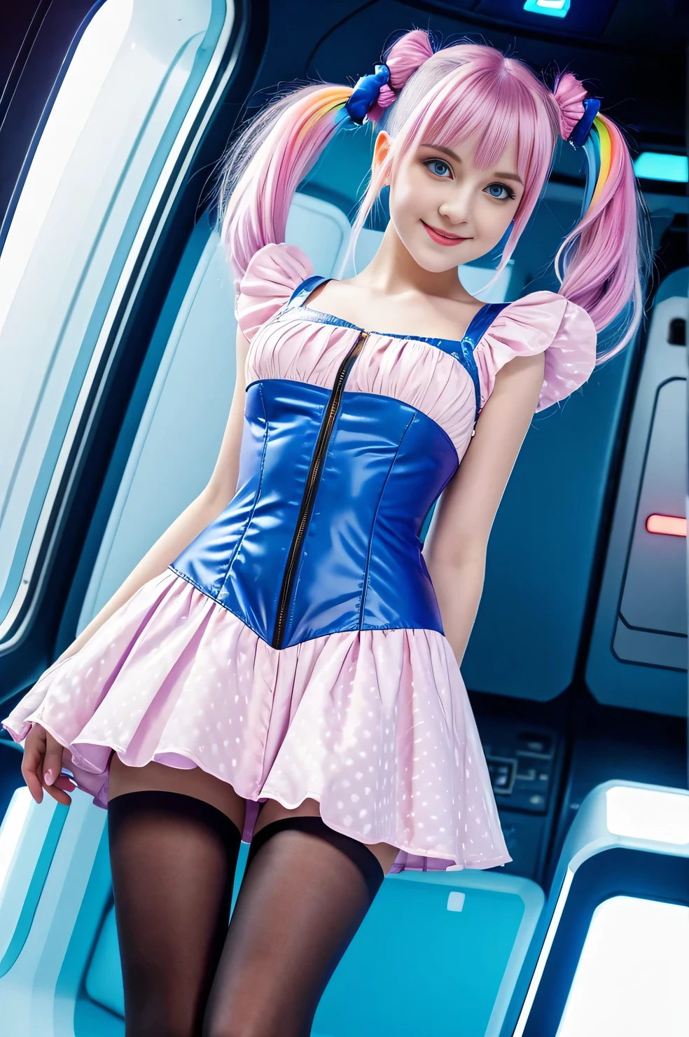 cute 19-year-old neon haired woman, pale white skin, happy, smiling, in twin tails, perfect blue eyes, pale goth skin, silky smooth skin, flying a fancy metal luxurious space ship, futuristic cockpit, she's a pilot, outer space seen in windows, dark warm lighting, wearing a futuristic dress, pleated (chemise) mini dress (pastel rainbow colors, and polka dots), puffy sleeves low cut top, silk, ((pantyhose under dress)), tights, cute short cut booties, boots.