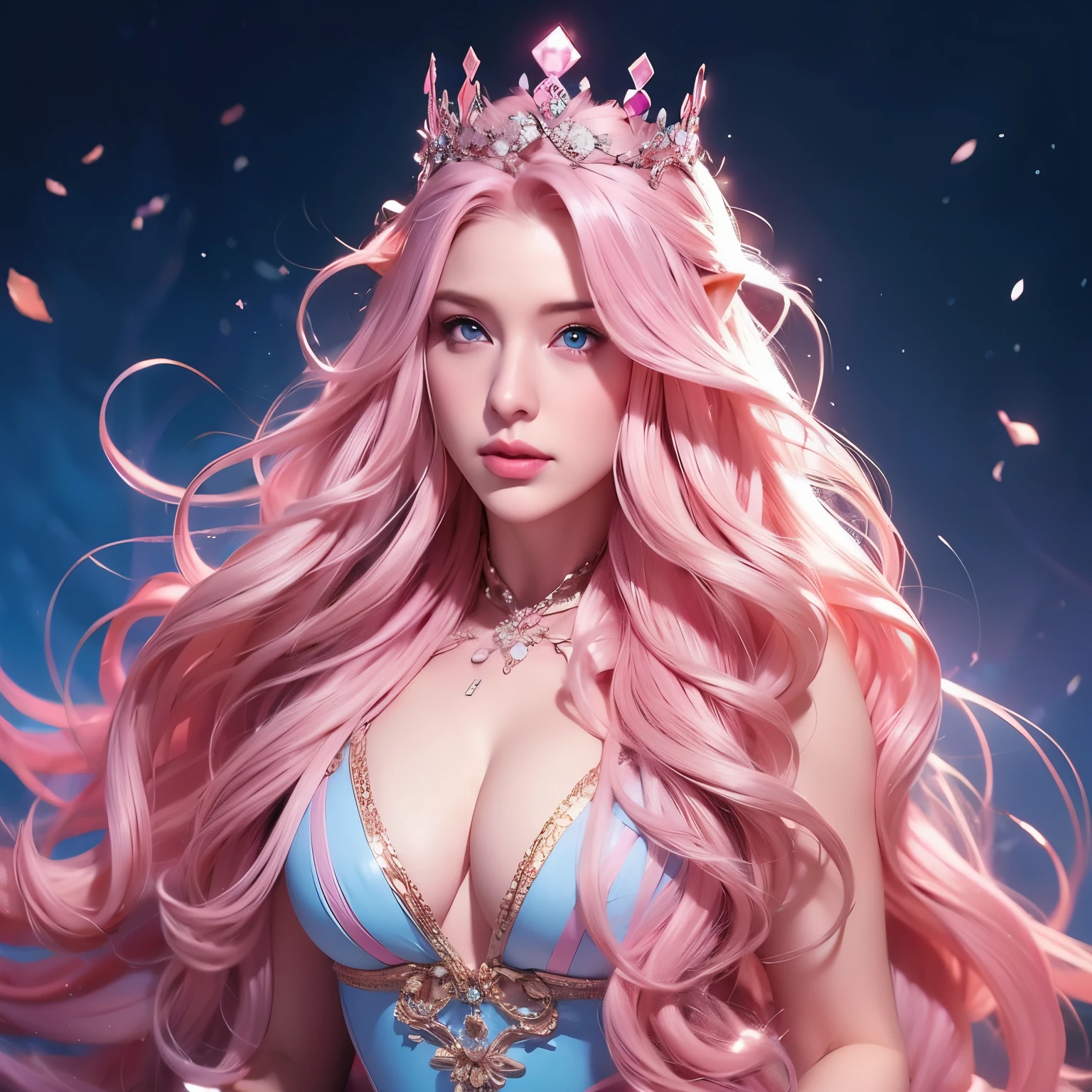 Woman, long wavy hair, pink hair, blue eyes, elf, queen, crown, sexy, curves, thighs, Thoughtless, strong