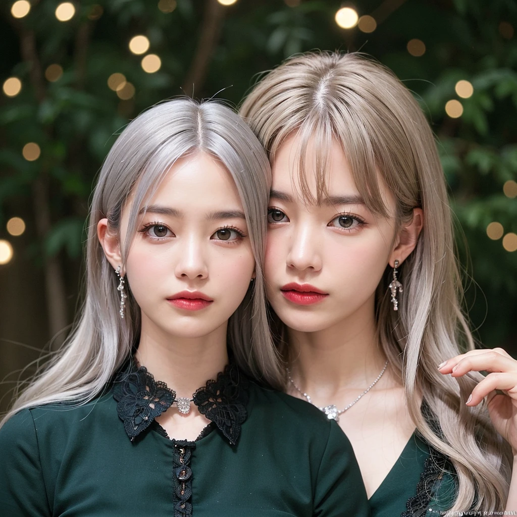 (Tabletop, highest quality:1.5), night, Dark Theme, (Platinum Hair, Upper Body, View Viewer, Dark Green Dress:1.3), Candid pose, Earrings, necklace, (Violet, Gardenias, Delicate girl, 8k, 85mm Portrait, Official Art, RAW Photos, Absurd, Short sleeve, Cinch waist:0.8), Sophisticated, (Face Light, Bright lighting, Sharp focus:0.8), reddish pink lips, Bokeh Background, Eye and facial details, Face close-up