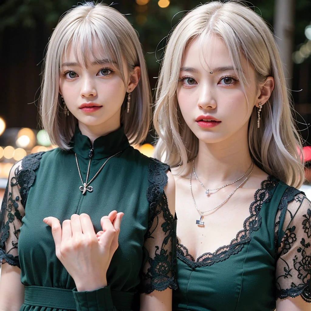 (Tabletop, highest quality:1.5), night, Dark Theme, (Platinum Hair, Upper Body, View Viewer, Dark Green Dress:1.3), Candid pose, Earrings, necklace, (Violet, Gardenias, Delicate girl, 8k, 85mm Portrait, Official Art, RAW Photos, Absurd, Short sleeve, Cinch waist:0.8), Sophisticated, (Face Light, Bright lighting, Sharp focus:0.8), reddish pink lips, Bokeh Background, Eye and facial details, Face close-up