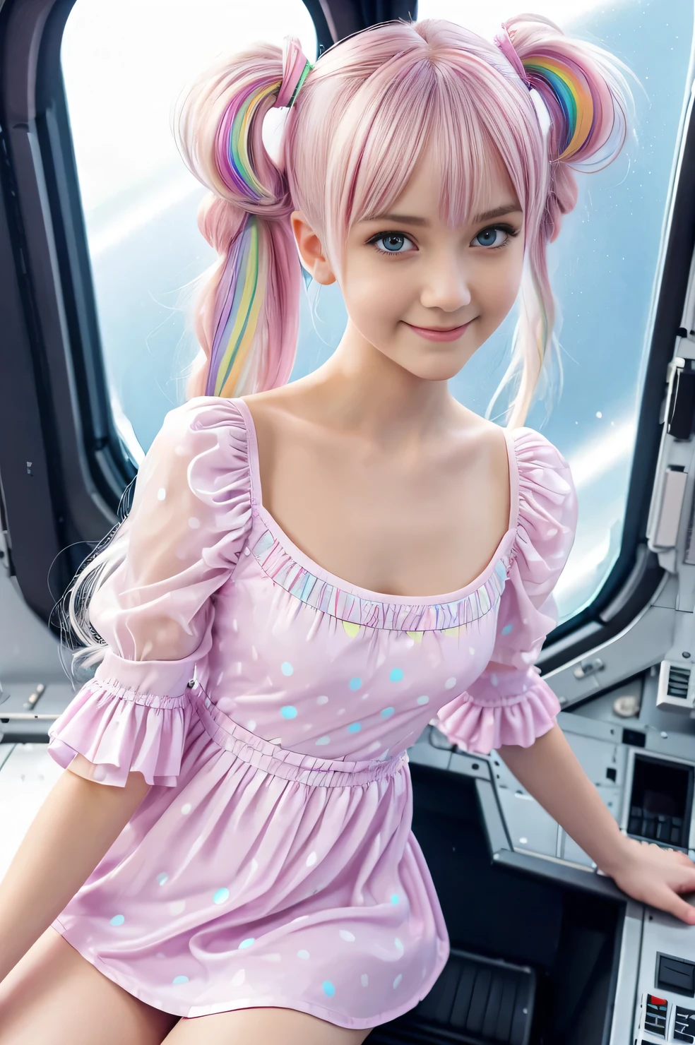 cute 19-year-old neon haired woman, pale white skin, happy, smiling, in twin tails, perfect blue eyes, pale goth skin, silky smooth skin, flying a fancy metal luxurious space ship, futuristic cockpit, she's a pilot, outer space seen in windows, dark warm lighting, wearing a futuristic dress, pleated (chemise) mini dress (pastel rainbow colors, and polka dots), puffy sleeves low cut top, silk, ((pantyhose under dress)), tights, cute short cut booties, boots.