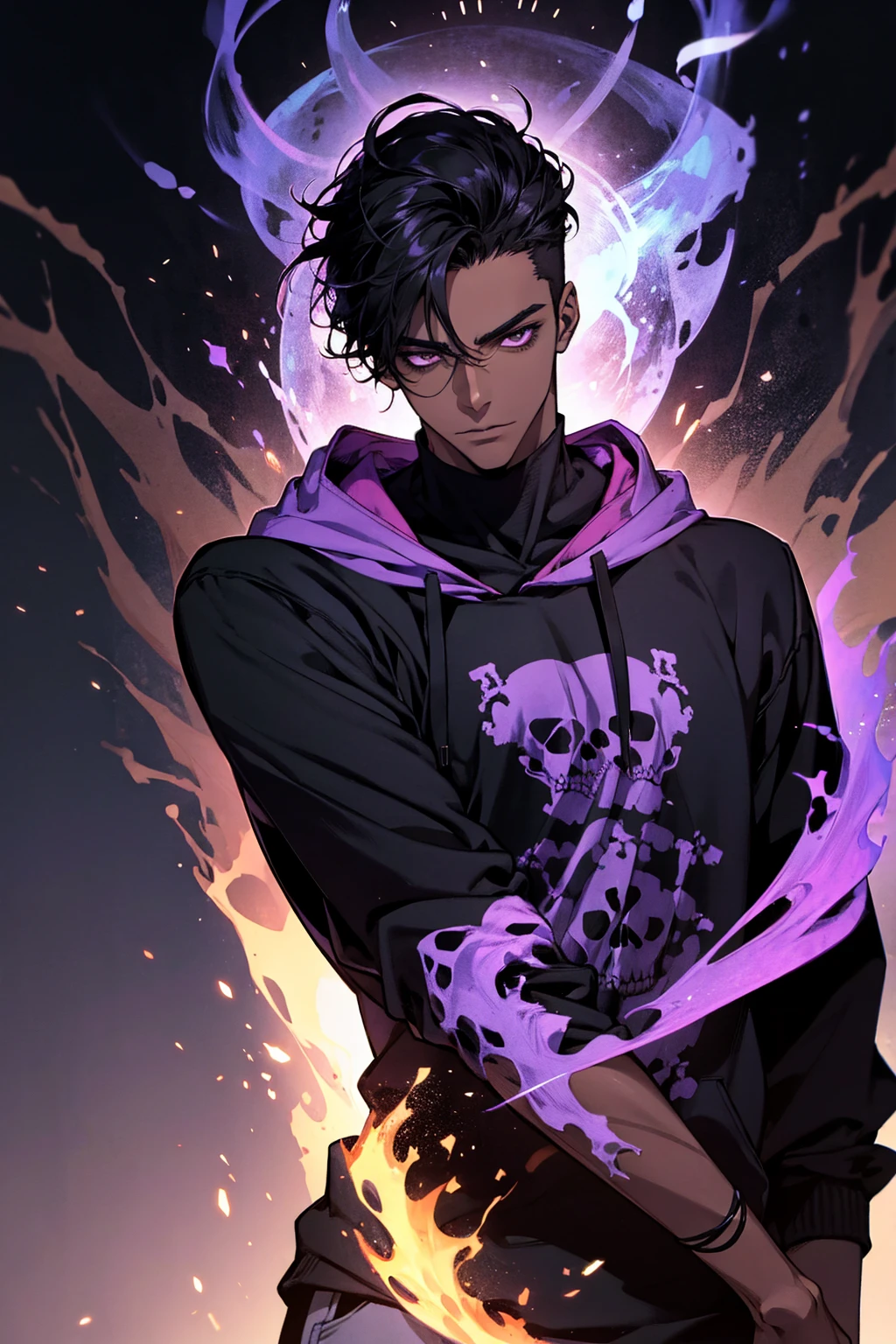 male with bones, looking away from camera, skulls, bones, handsome, black, dark skin, tall, broad shoulders, black hair, purple, purple fire, magic, detailed face, fantasy, hoodie
