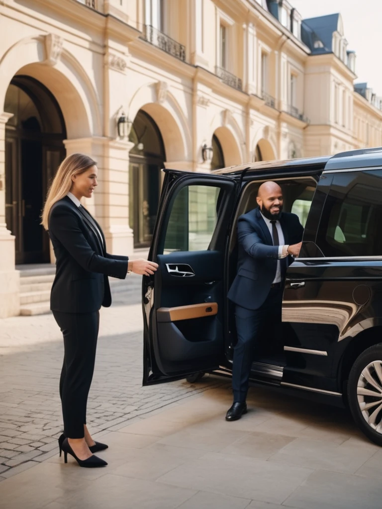 Generates a realistic image, a photograph, of a female chauffeur helping a businessman exit the vehicle by opening a door of a luxury black minivan. Concept of personal driver, luxury taxi for business delegation
