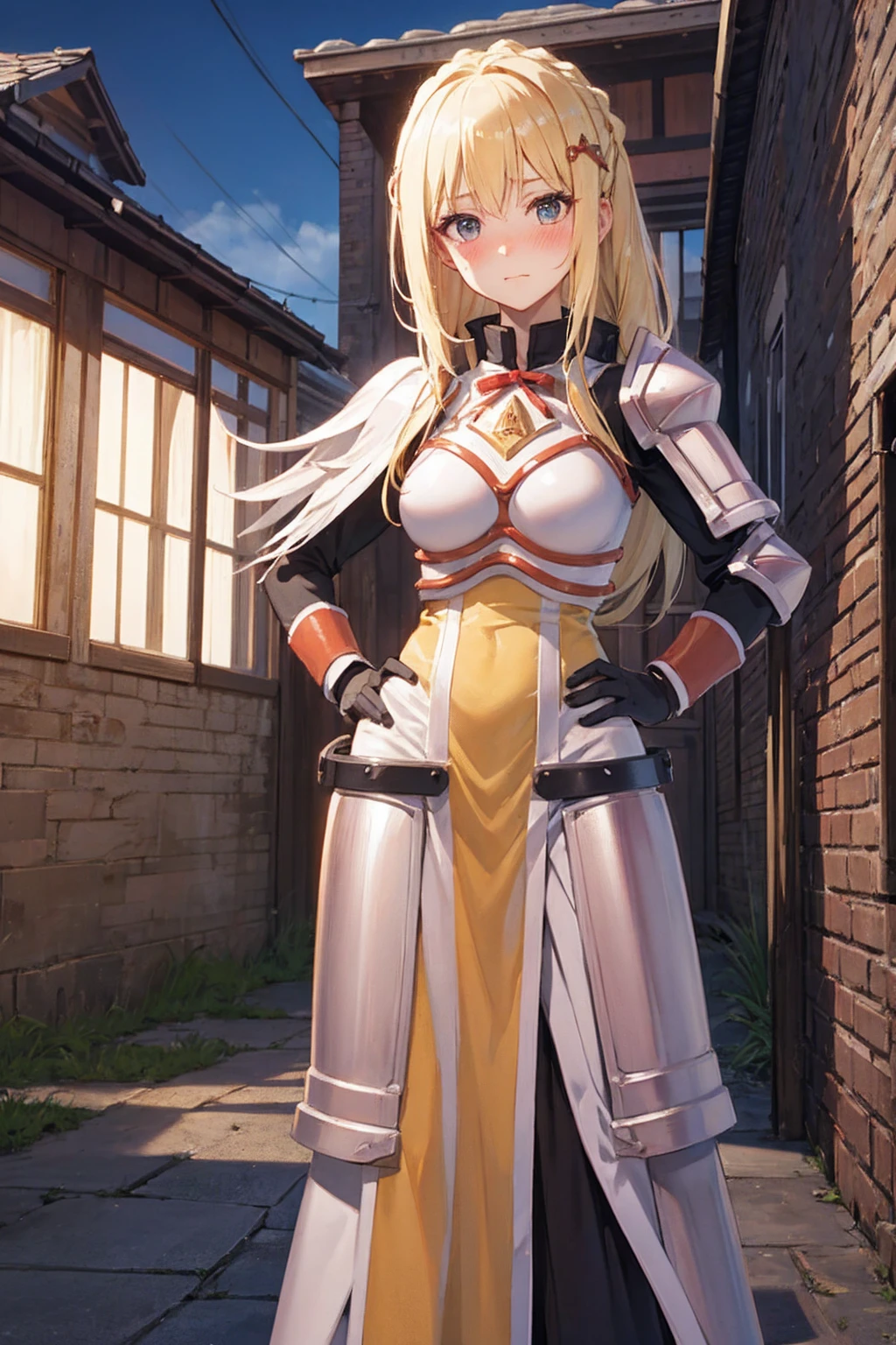 masterpiece, Highest image quality, ultra high resolution, blonde hair, long hair with pony tail, hair ornament, armor, knight, city background, medieval, village, old houses, hands on hips, facing the viewer, looking at the viewer, blushing, red face