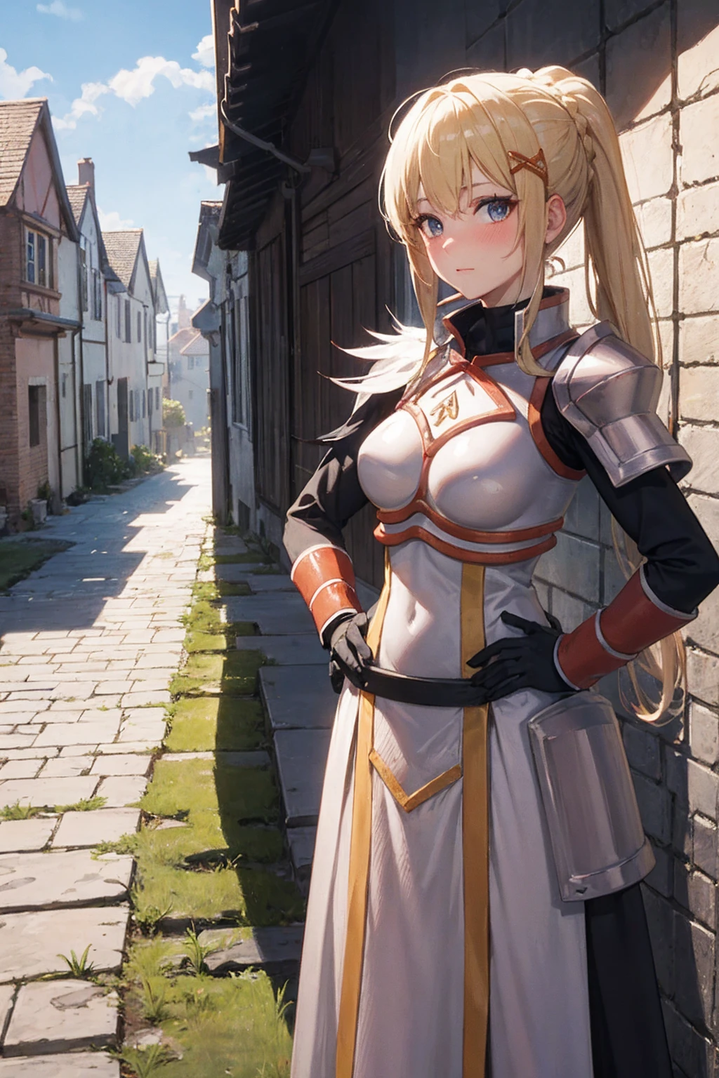 masterpiece, Highest image quality, ultra high resolution, blonde hair, long hair with pony tail, hair ornament, armor, knight, city background, medieval, village, old houses, hands on hips, facing the viewer, looking at the viewer, blushing, red face