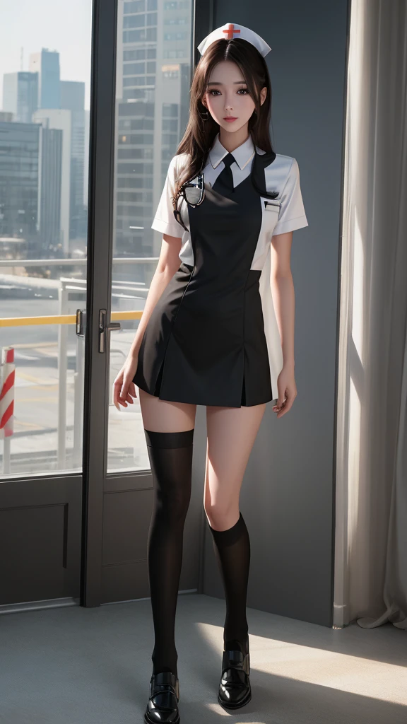 Movie photos。35mm Photo,film,major,4k,Very detailed,((whole body)),Clear face,Pretty face,8K,masterpiece,original photo,Best quality,detail:1.2,Reality,detail,Very detailedED,CG,Unite,wallpaper,Depth of Field,illumination,lens flare,Ray Tracing,(Very beautiful face,Beautiful lips,beautiful eyes),complex,Detailed face,1 Girl,(very slim body:1.3),Black over-the-knee socks,Nurse uniform
