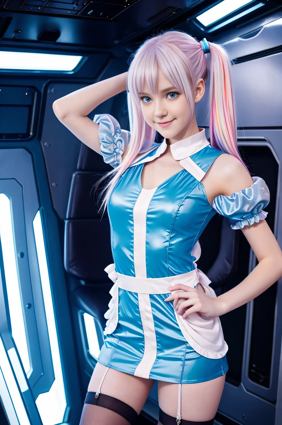 cute 19-year-old neon haired woman, pale white skin, happy, smiling, in twin tails, perfect blue eyes, pale goth skin, silky smooth skin, flying a fancy metal luxurious space ship, futuristic cockpit, she's a pilot, outer space seen in windows, dark warm lighting, wearing a futuristic dress, pleated (chemise) mini dress (pastel rainbow colors, and polka dots), puffy sleeves low cut top, silk, ((pantyhose under dress)), tights, cute short cut booties, boots.
