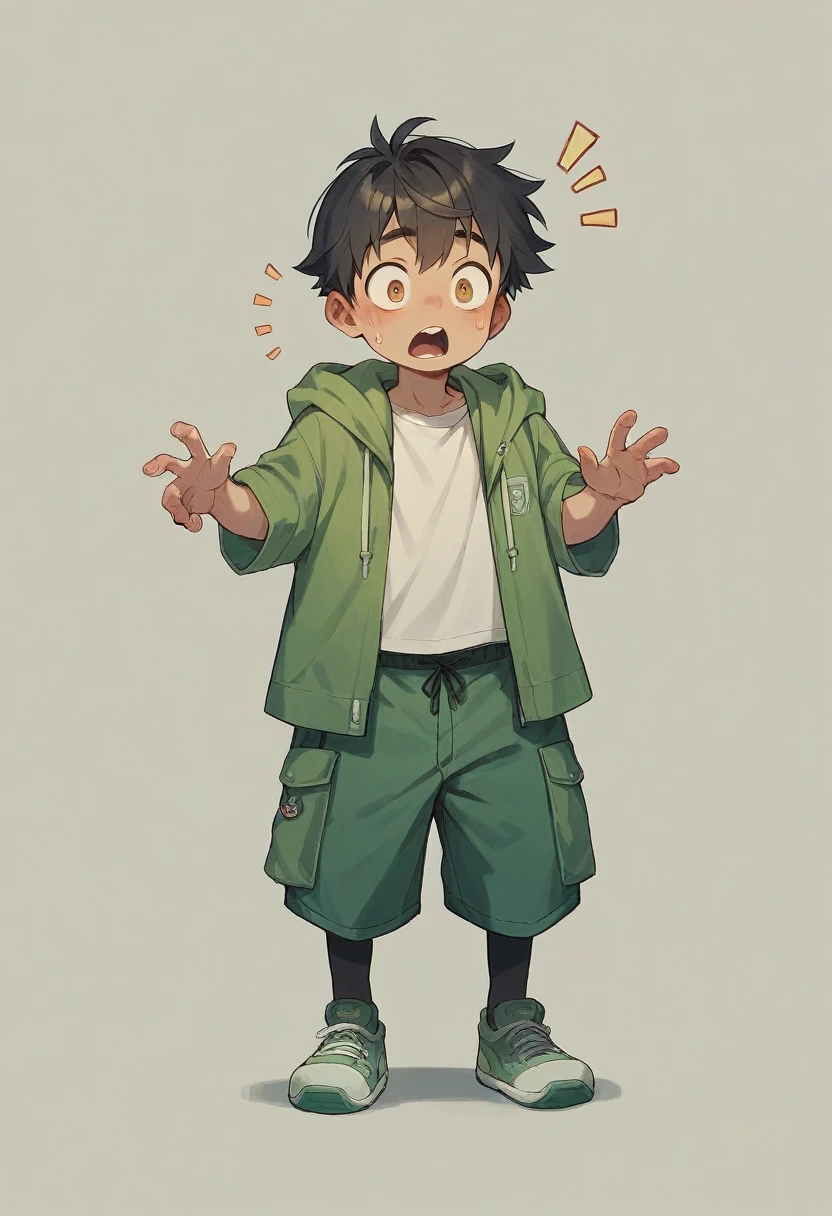 A 3D full-body model of a young boy, front view, look surprise, on a greenscreen background.