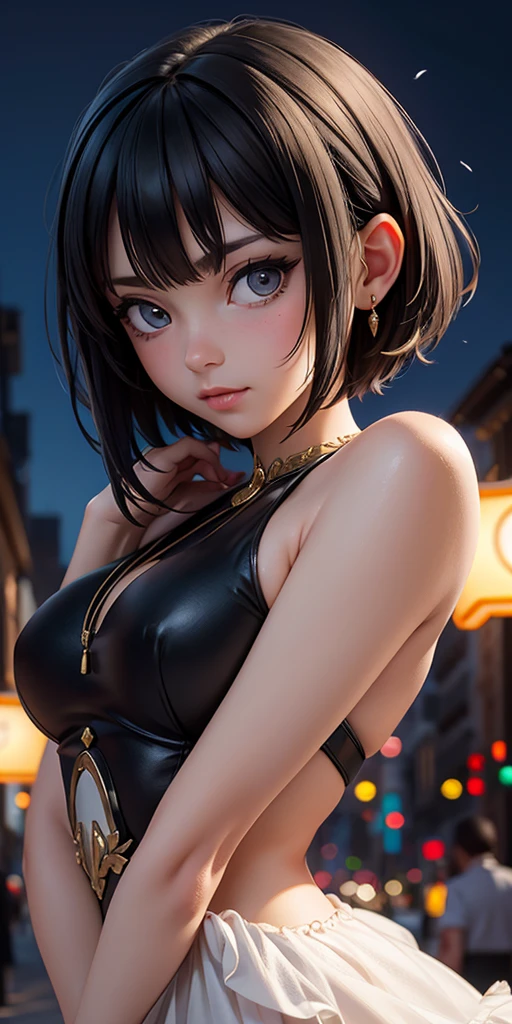 masterpiece, best quality, miranda, (halfbody shot, street lamps, moon), Masterpiece, 1 girl, solo exhibition, beautiful woman on the bustling street, surrounded by hawkers, beautiful goddess girl portrait, beautiful and detailed face, porcelain skin, (((bust shot, center, night, black hair, short hair)), super soft lighting, symmetry, complexity, elegance, high detail, realism, art, concept art,