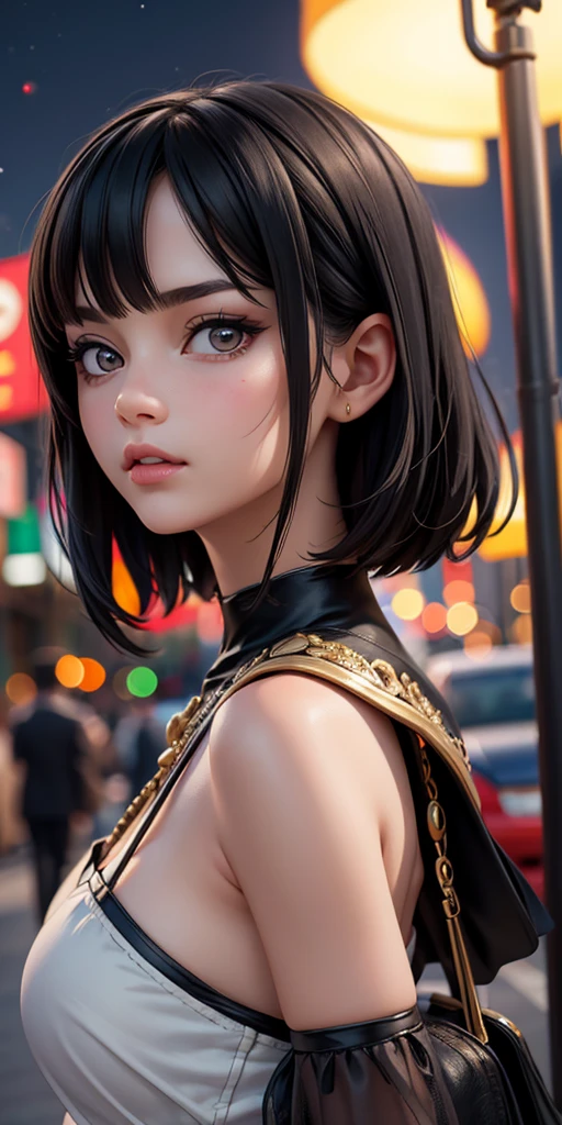 (Half Body Shot,Street lamp,moon),masterpiece, Ultra high definition, One girl, Solo Exhibitions, Beautiful woman on a busy street, Surrounded by peddlers, Beautiful Goddess Girl Portrait, Beautiful and elaborate face, Porcelain-like skin, (((Bust Shot, center, night, Black Hair, short hair)), Very soft lighting, Symmetric, complicated, grace, High detail, realism, art, concept 
 art, 8K, 