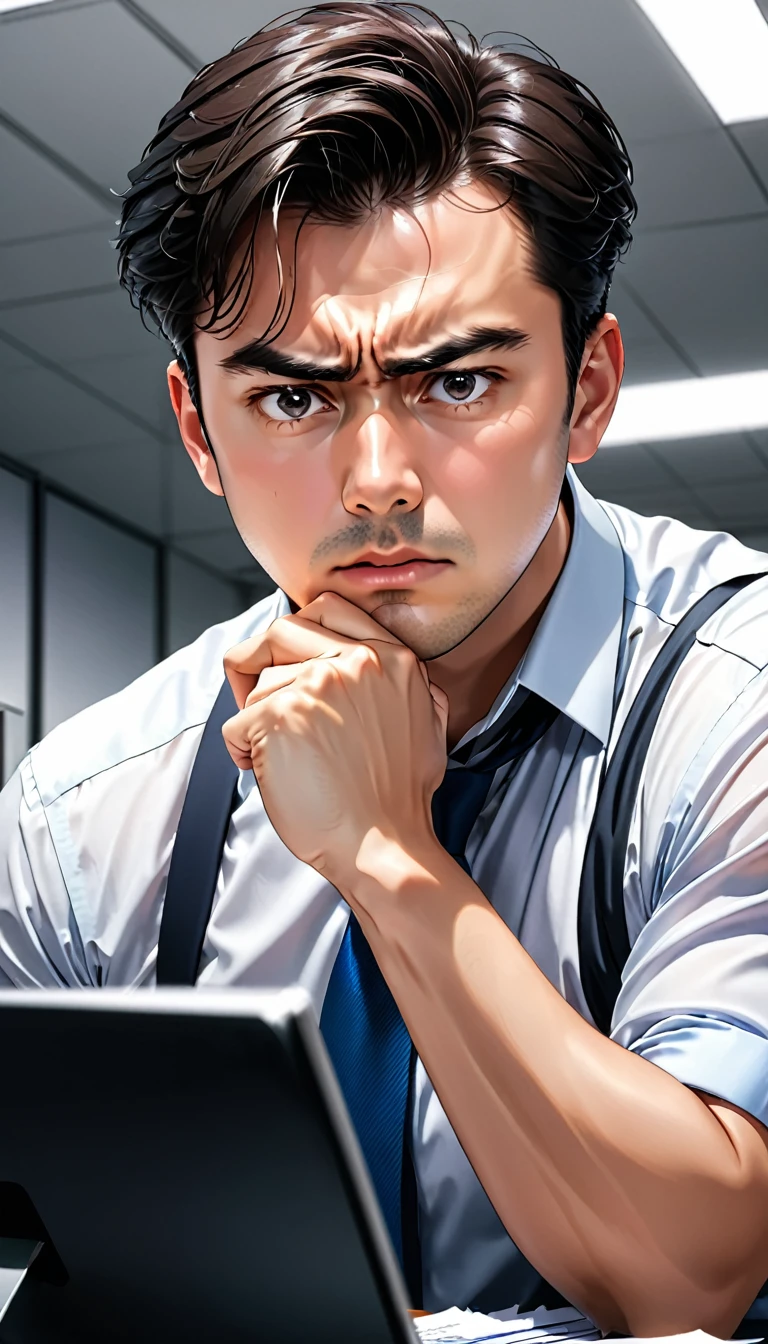 A male office worker sweating at work、Determined look