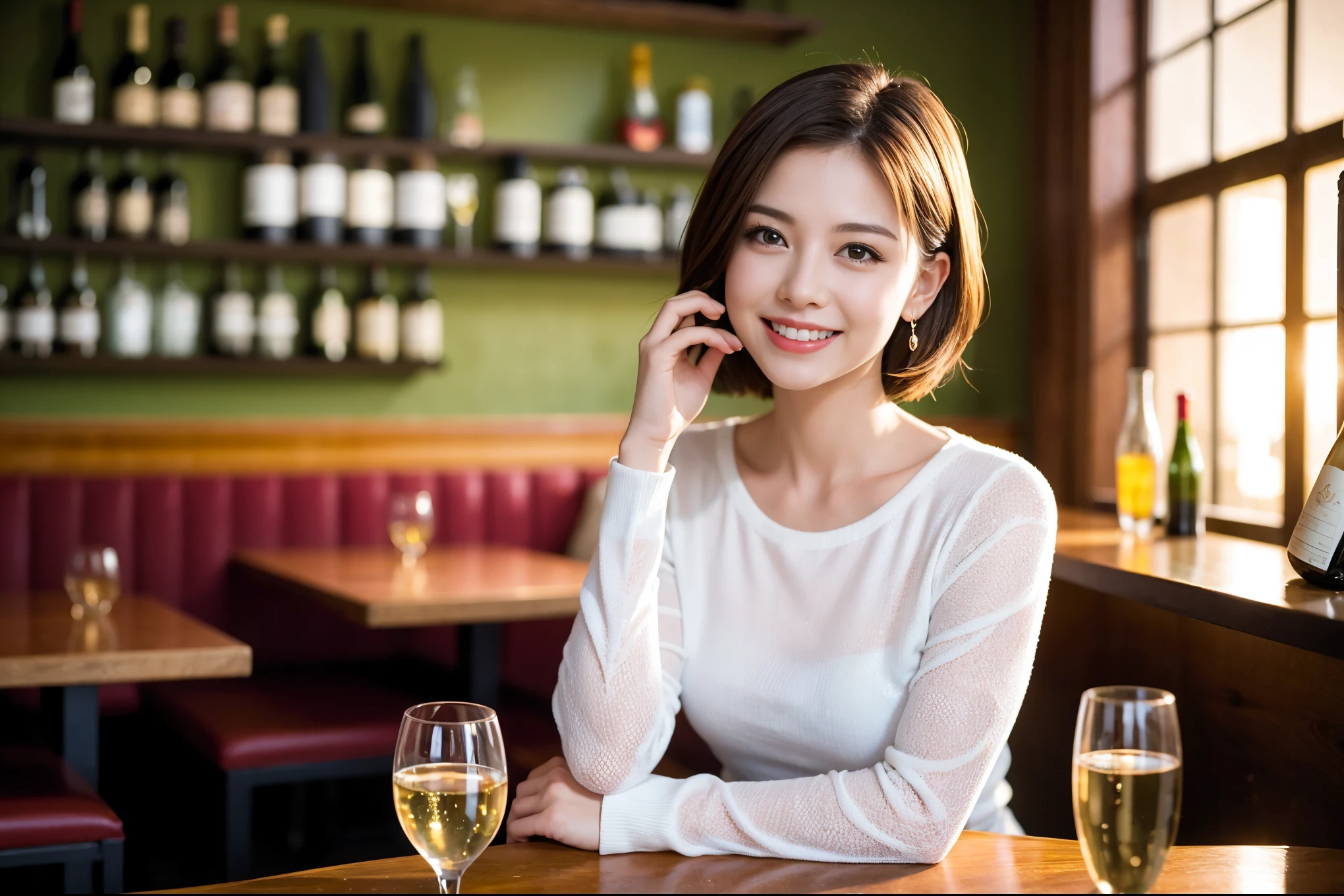 ((highest quality、8k、masterpiece:1.3))、1 male、1 female、spouse、I really like it、Beautiful couple、The body is slim、テーブルの上のwine glass、Facial Lighting、full-course dinner、 Amazing view of the sunset sky and clouds、A bright smile、The wonderfulness of smile、Bright image、Beautiful Face, short hair,Bright Face、 (43 years old), 39 years old, red wine 、Appetizers、Italian food、Wine bottle、Champagne、sparkling wine、Two beauties、Brown Hair、Shortcuts、Long sleeve shirt、dress、Pretty Woman 1, (slimな顔), (The body is slim), (Brown Hair), (Shortcuts), cheeks turn a little red,Attractive beauty、restaurant, In a prominent place (From the waist up) Nova Frog Style, actress, model, Upper Body, White wine, slim, wine glass, 中央に置かれたwine glass, smile, (smile: 1.15), Beautiful fine grain, Depth f/2,saturation, High Contrast, Strong light and shadow,Moist Body:1.5、3D texture、Delicate eyes、Brown Hair、The hair is very shiny、