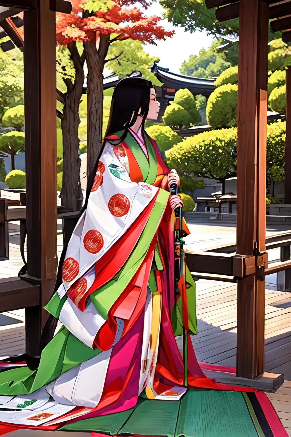 (masterpiece, highest quality:1.2), One girl, junihitoe, solo, Straight long black hair、open hiohgi、kabeshiro, lattice、Corridor、Japanese garden、